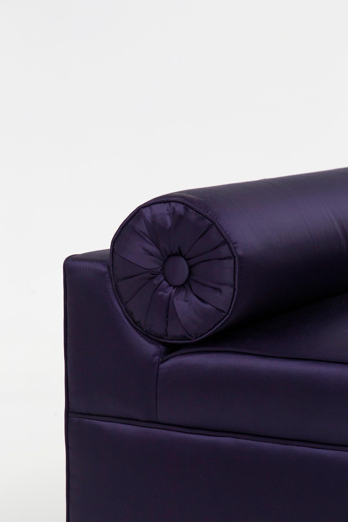 Small Italian Purple Satin Sofa with Roll Cushion For Sale 6