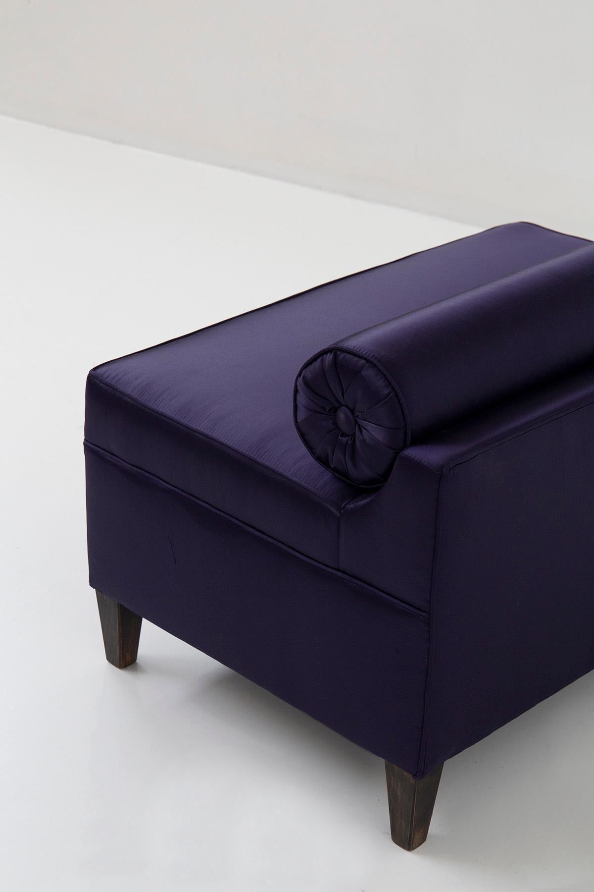 Mid-Century Modern Small Italian Purple Satin Sofa with Roll Cushion For Sale