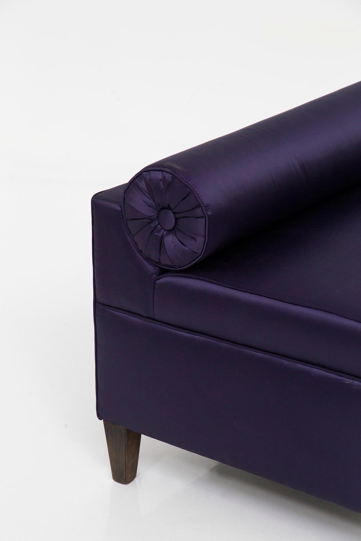 Small Italian Purple Satin Sofa with Roll Cushion For Sale 2