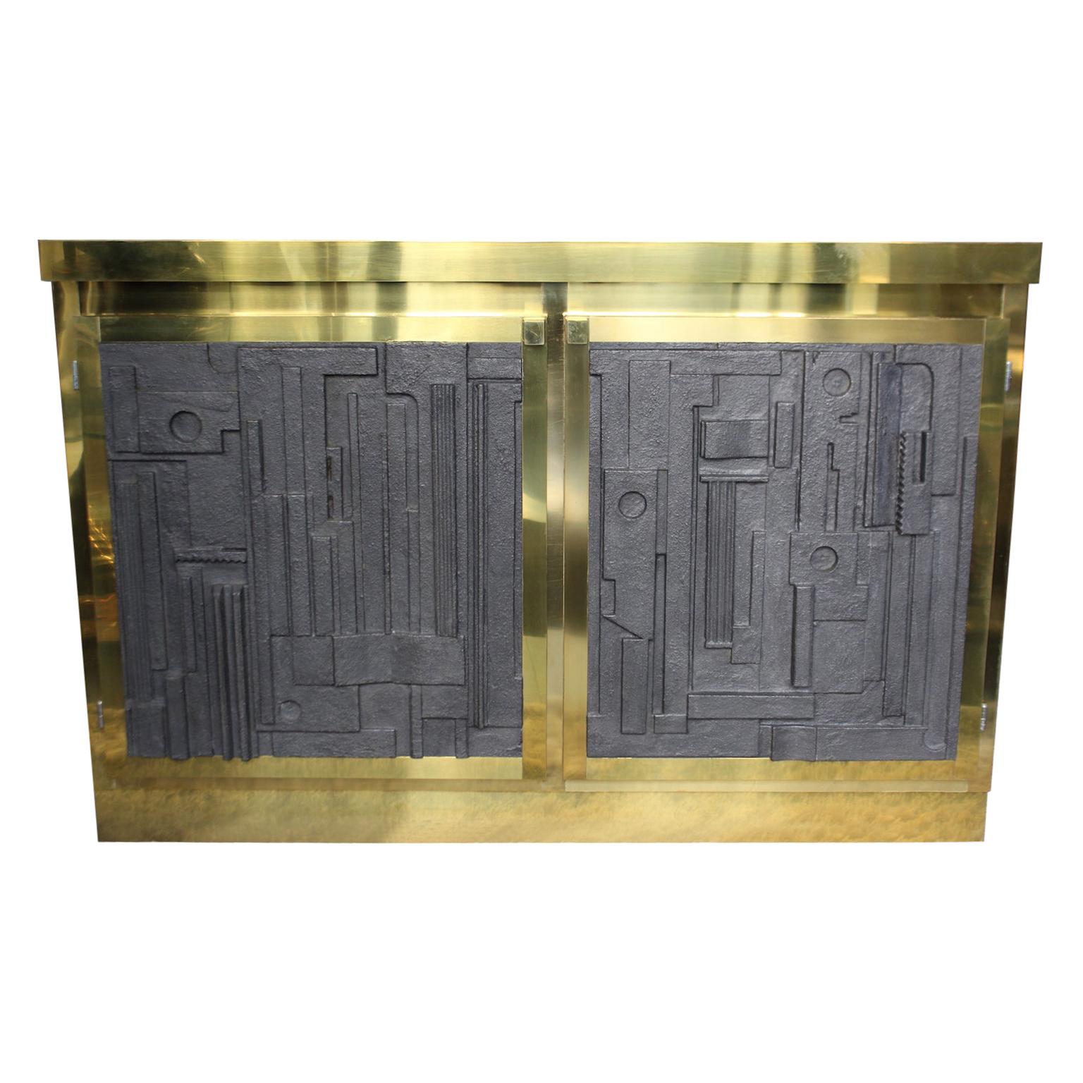 Small Italian Rectangular Brass Sideboard With Resin Doors