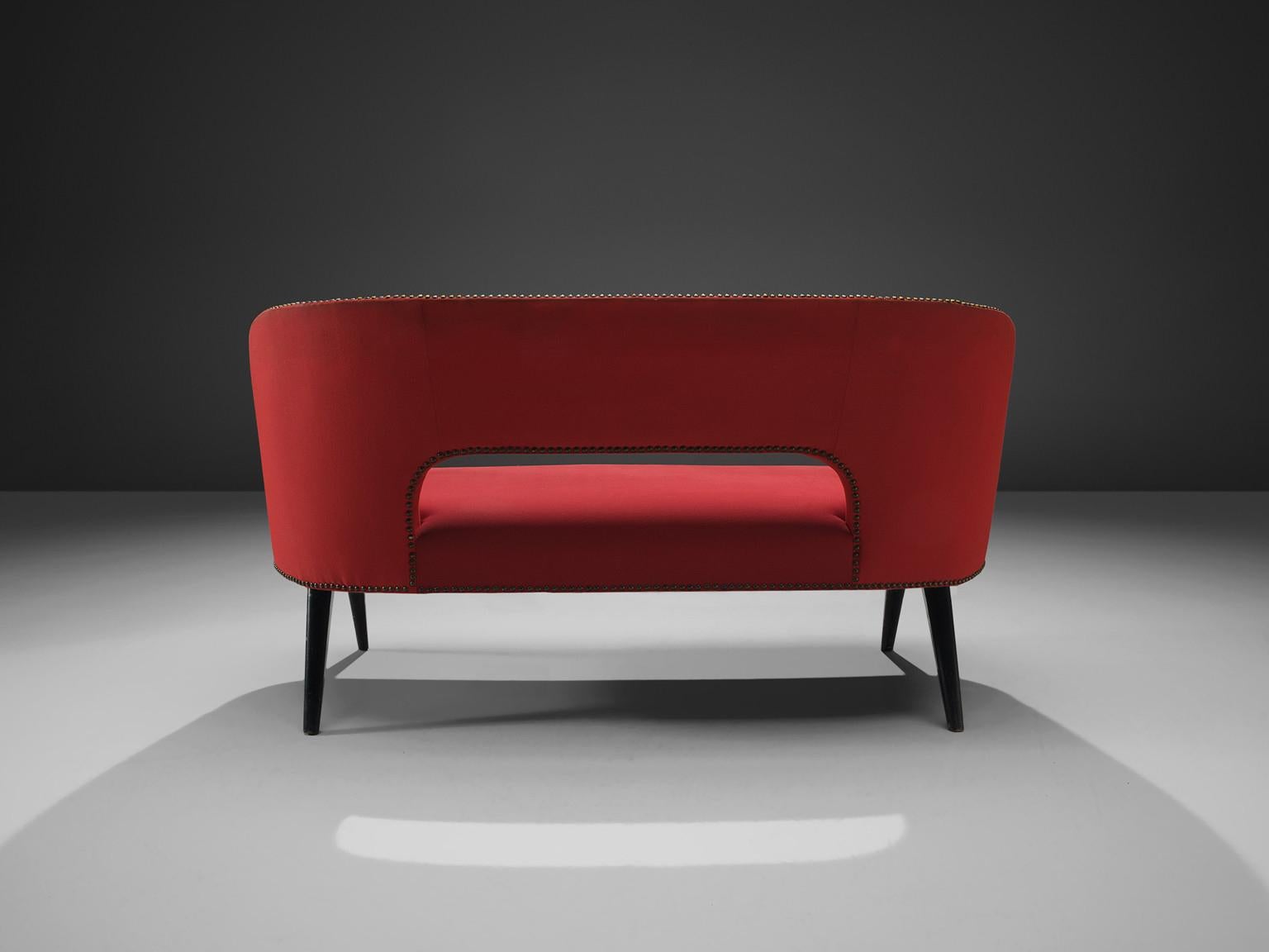 Settee, red fabric, wood, metal, Italy, circa 1960

This elegant Italian two-seat settee features a striking red color and can be placed in an entranceway or serve as a taste of delicateness in any room. The design has a clear construction mainly