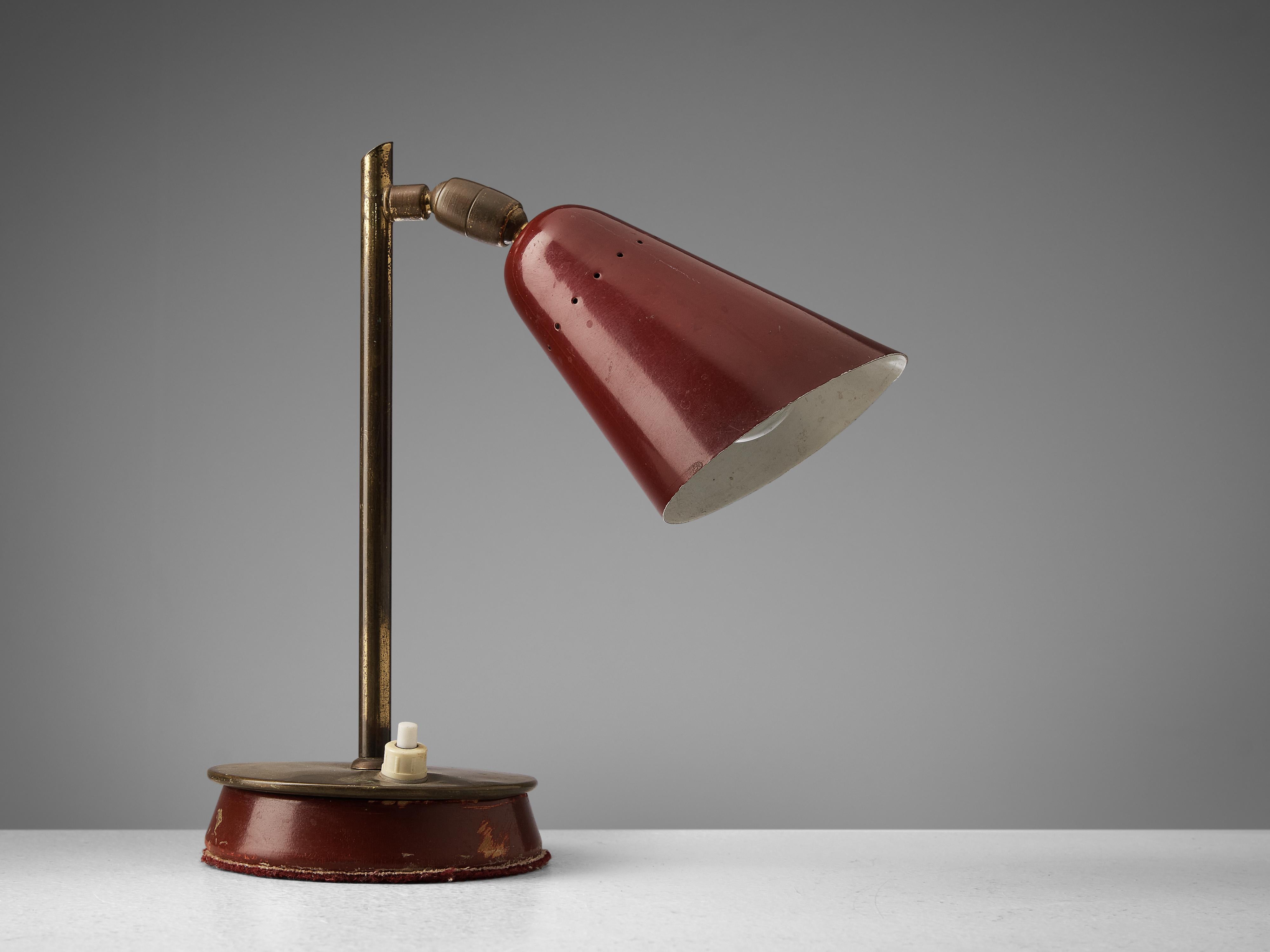 Mid-20th Century Small Italian Table Lamp in Brass and Red