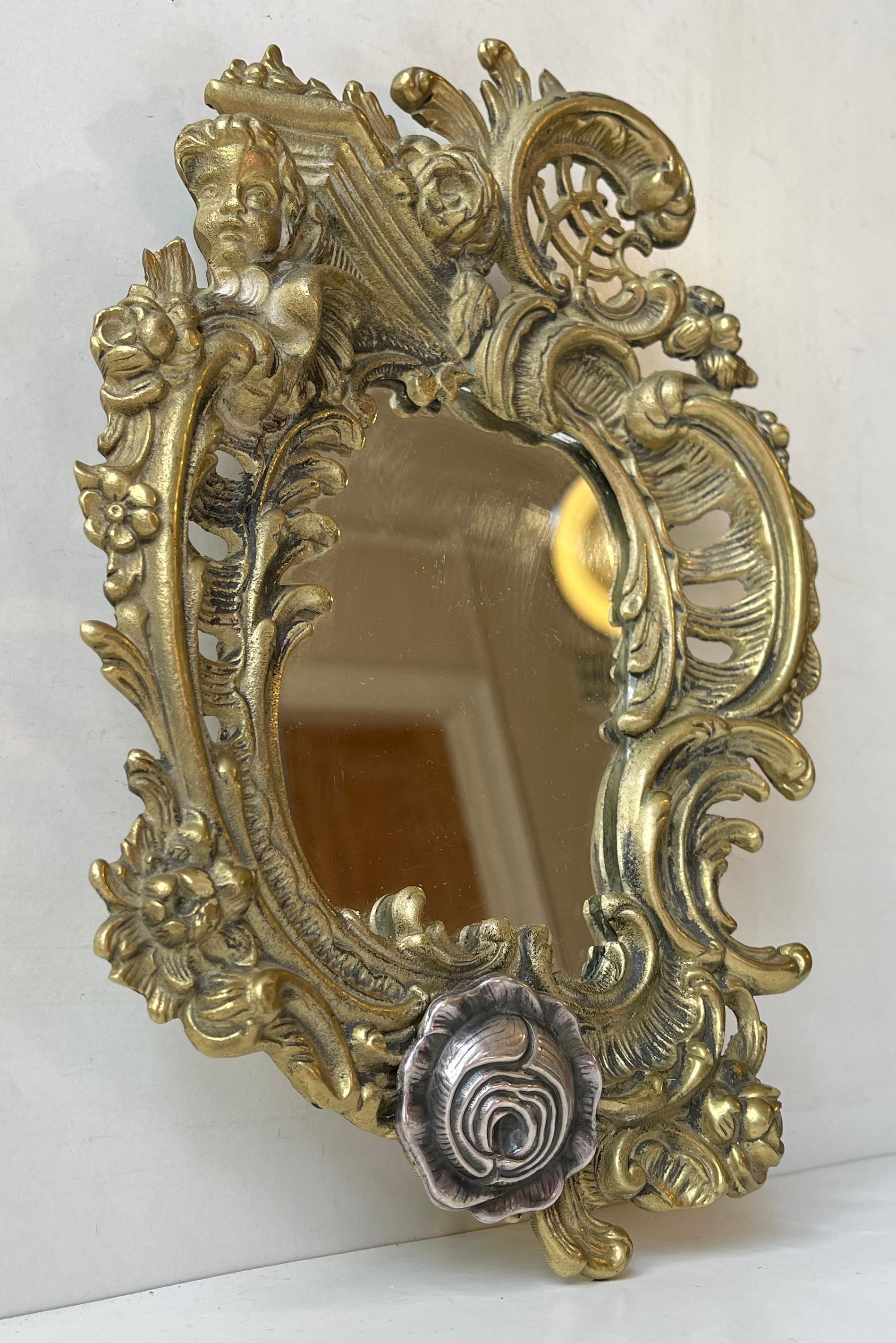 Neoclassical Revival Small Italian Vanity Wall Mirror in Brass and Silver For Sale