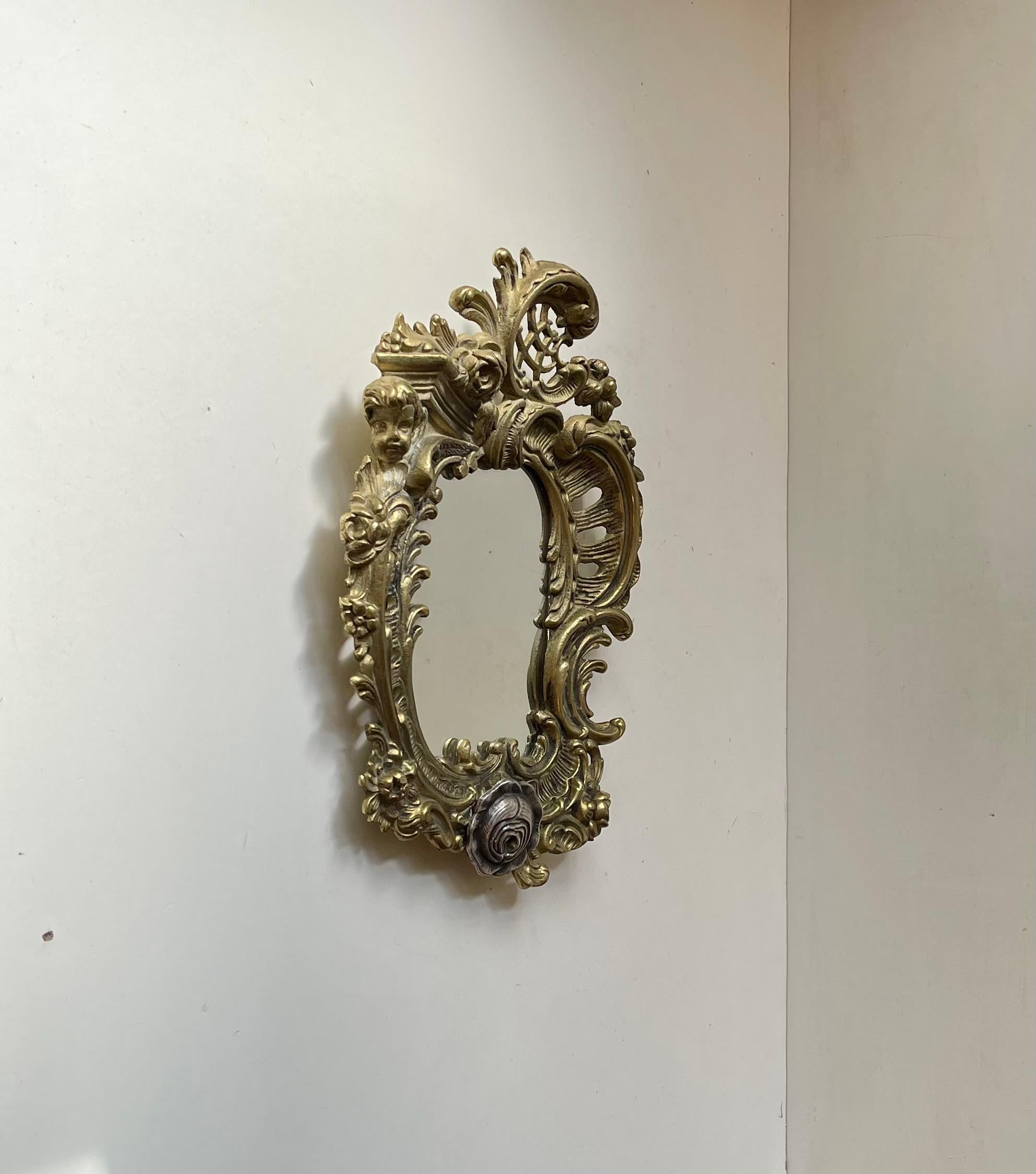 Late 20th Century Small Italian Vanity Wall Mirror in Brass and Silver For Sale