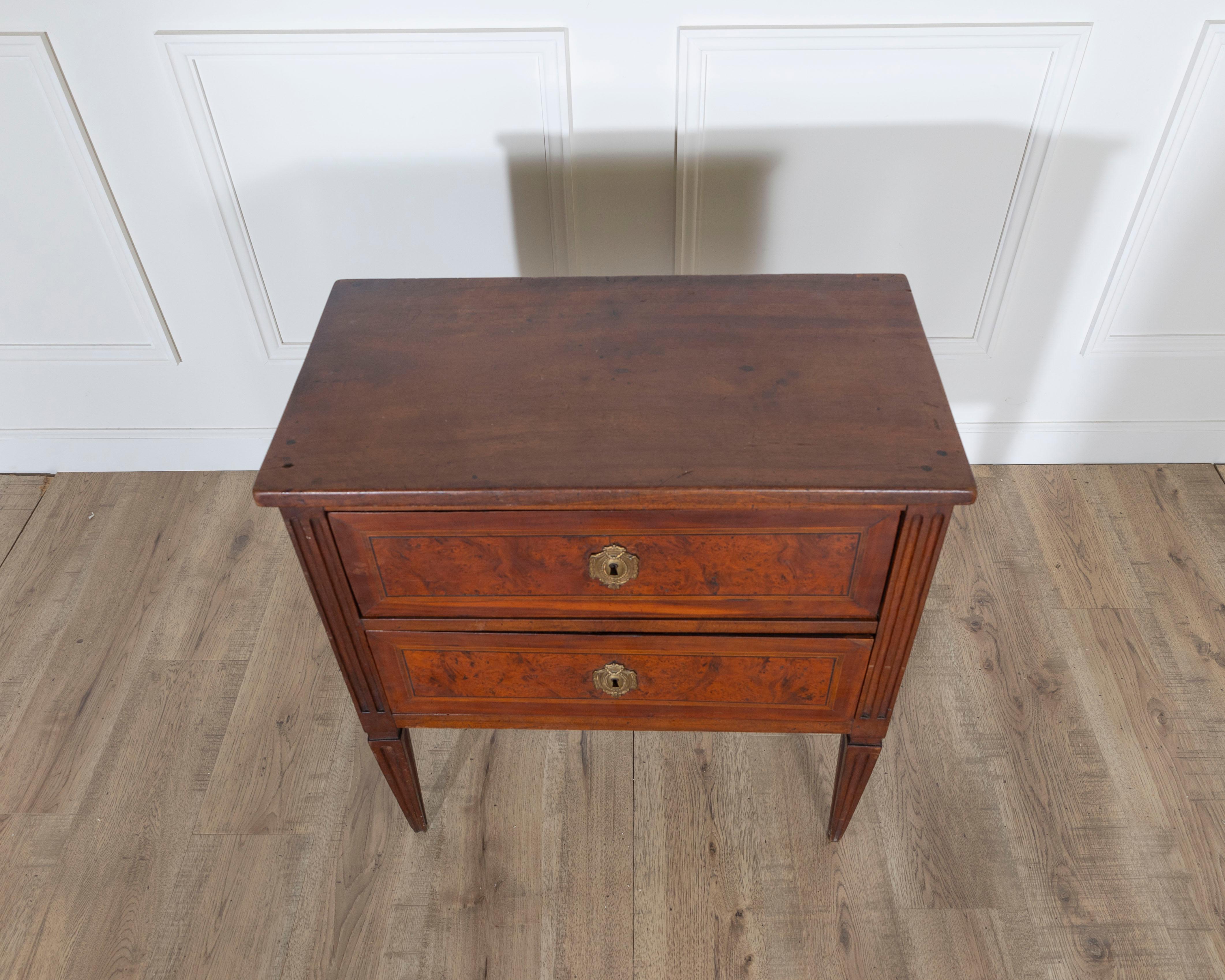 19th Century Small Italian Walnut Chest of Drawers with Two Drawers, Late 18th–Early 19th Cen For Sale