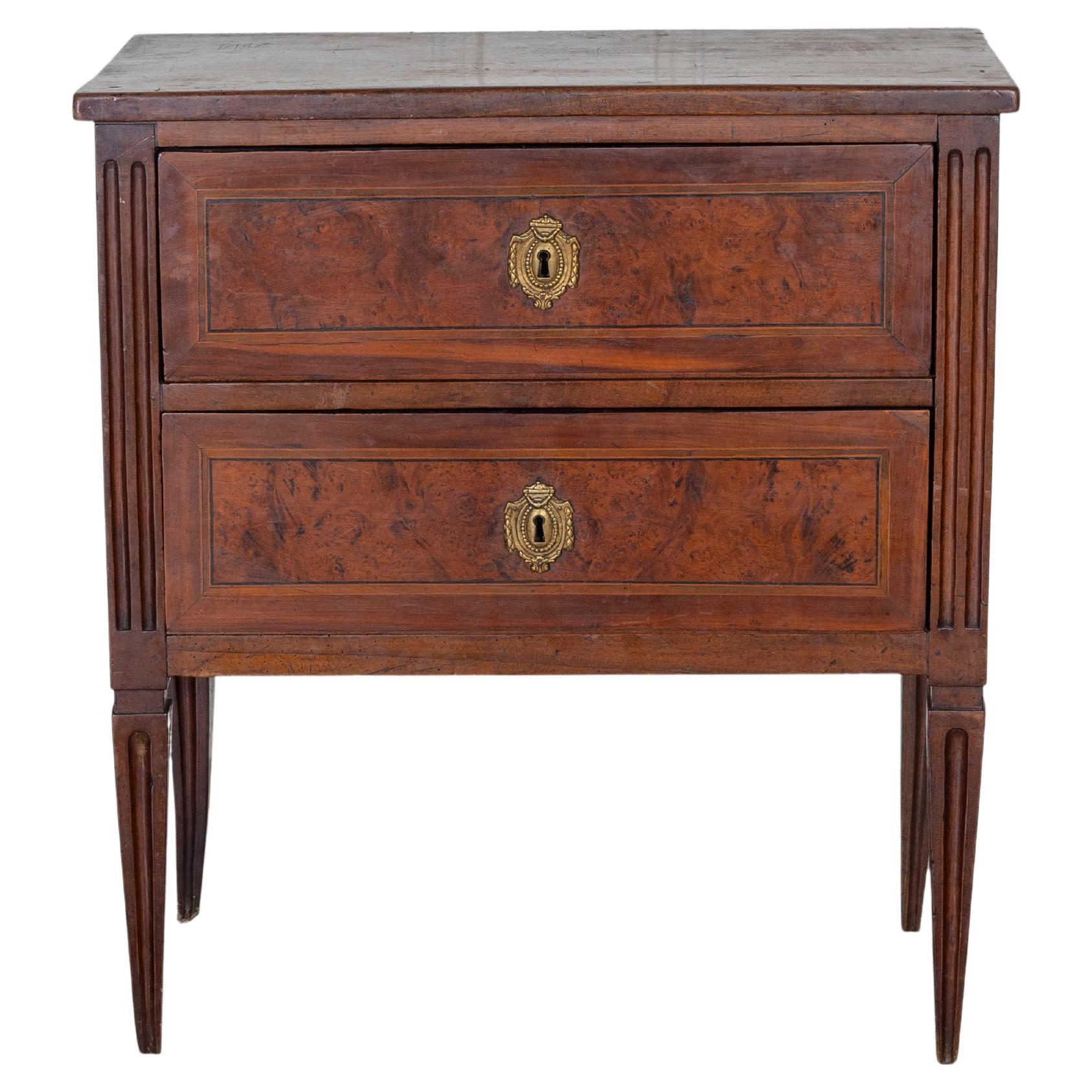 Small Italian Walnut Chest of Drawers with Two Drawers, Late 18th–Early 19th Cen For Sale