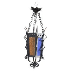 Vintage Small Italian Wrought Iron Lantern with Colored Glass, 1940s