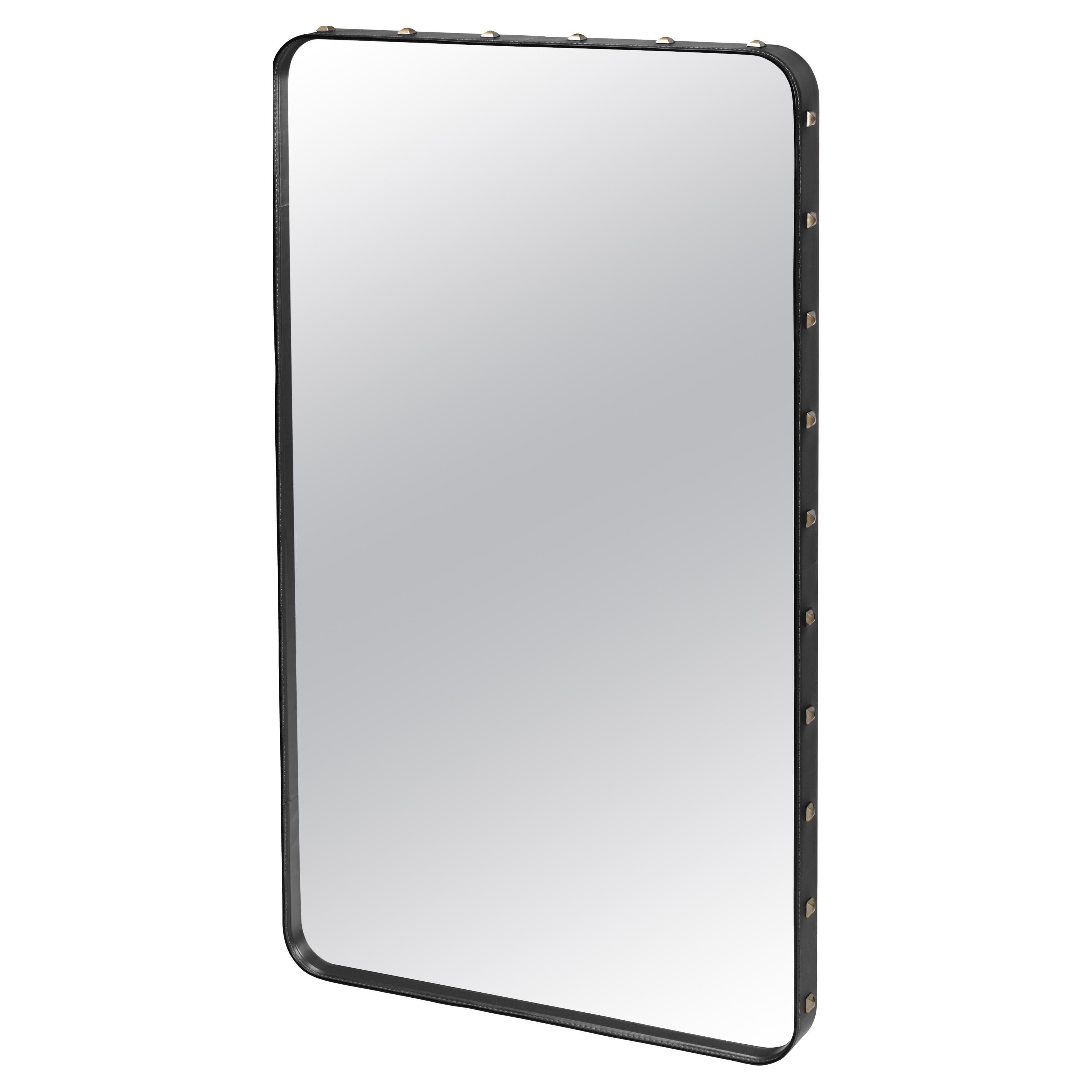 Small Jacques Adnet 'Rectangulaire' Wall Mirror in Black Leather for GUBI