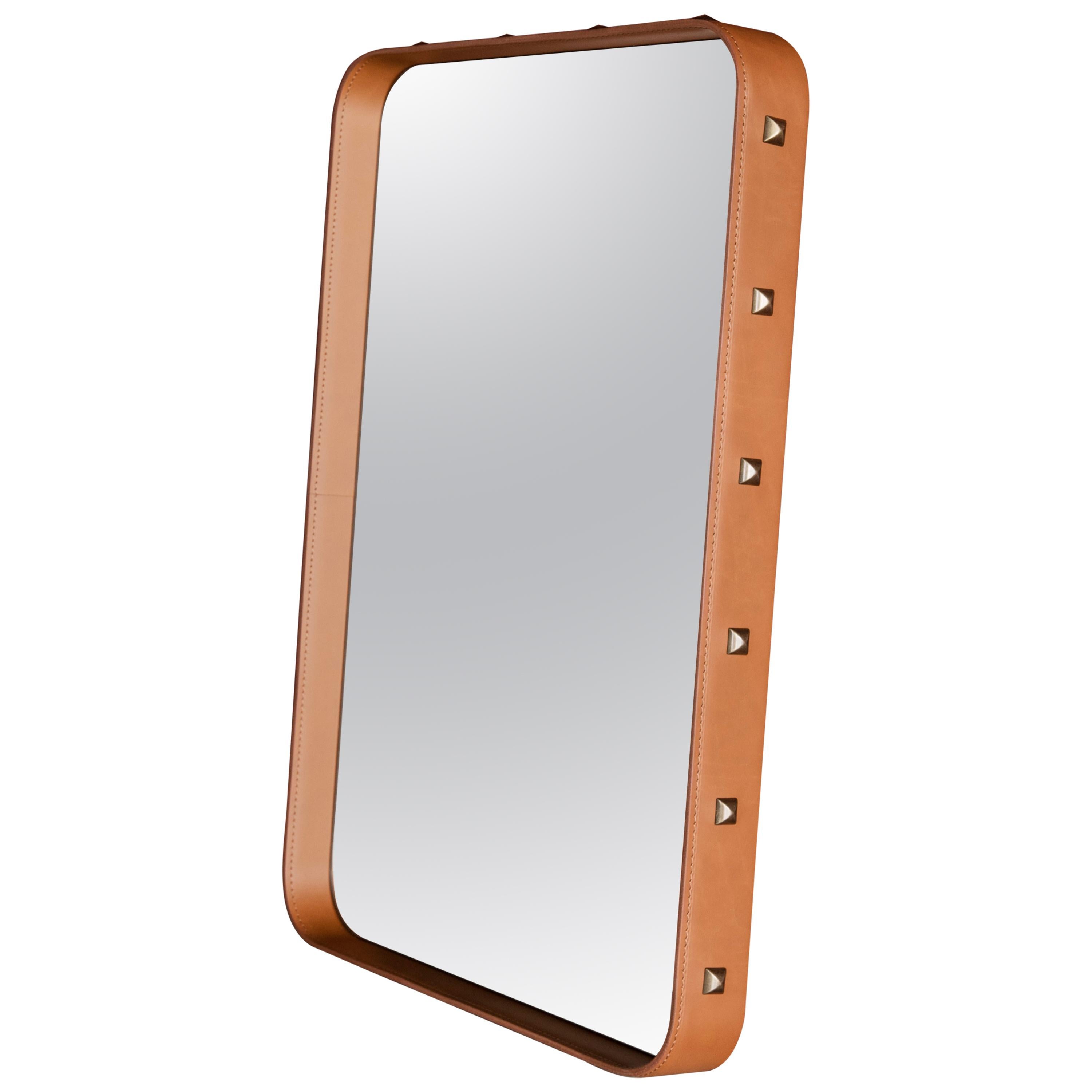 Small Jacques Adnet 'Rectangulaire' Wall Mirror in Tan Leather for GUBI