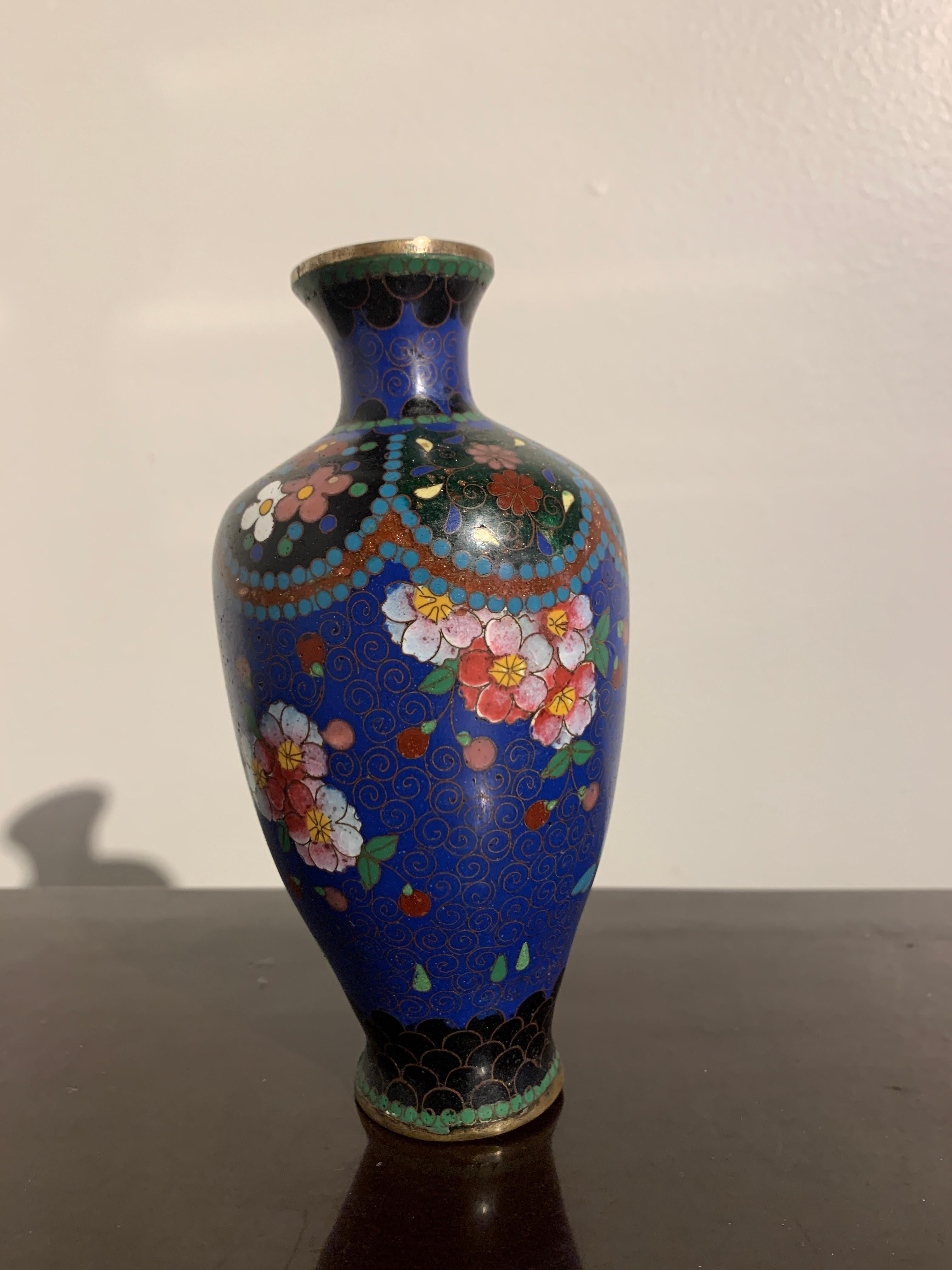 Enameled Small Japanese Blue Cloisonne Vase, Meiji Period, Japan