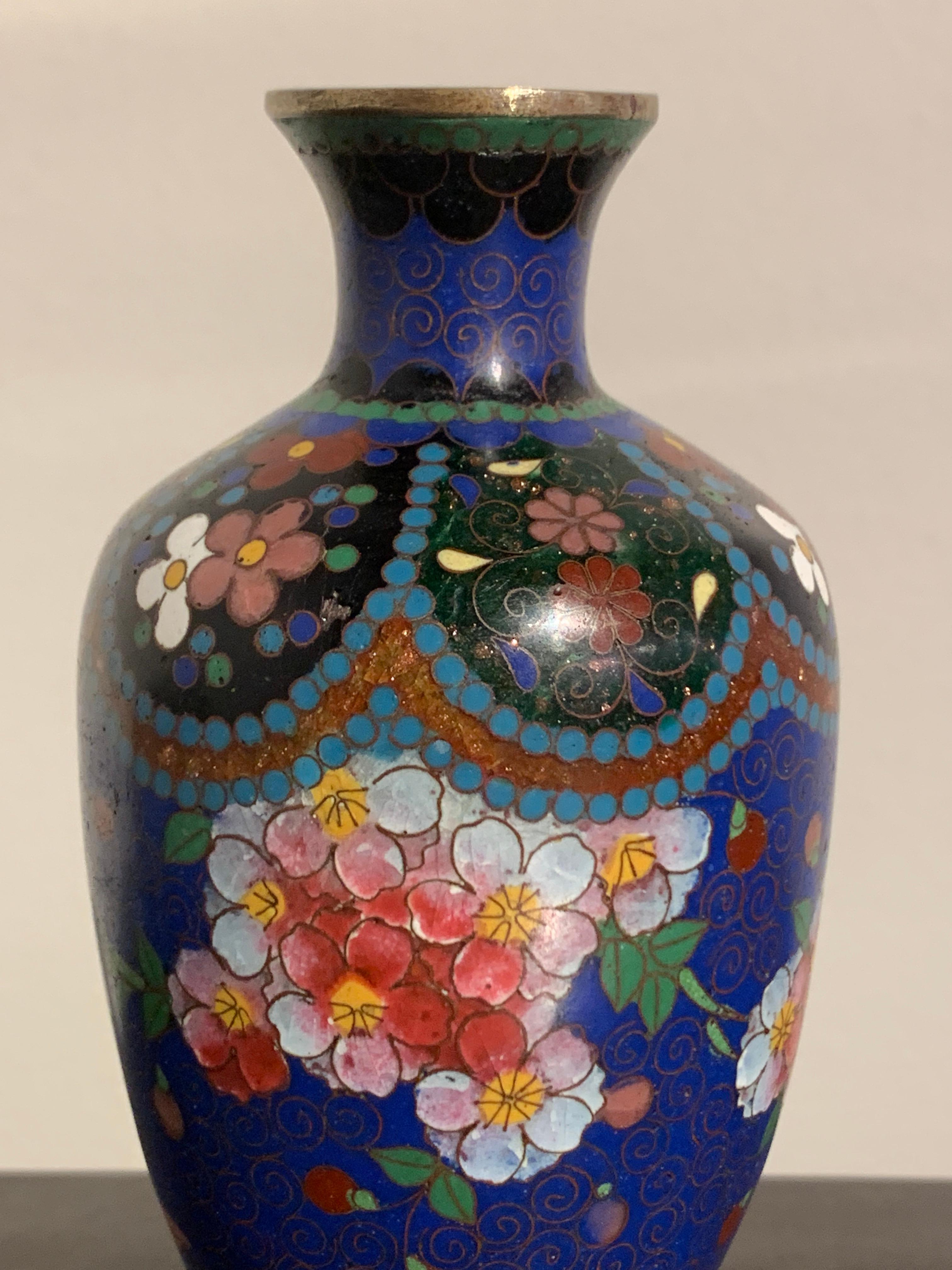 Copper Small Japanese Blue Cloisonne Vase, Meiji Period, Japan