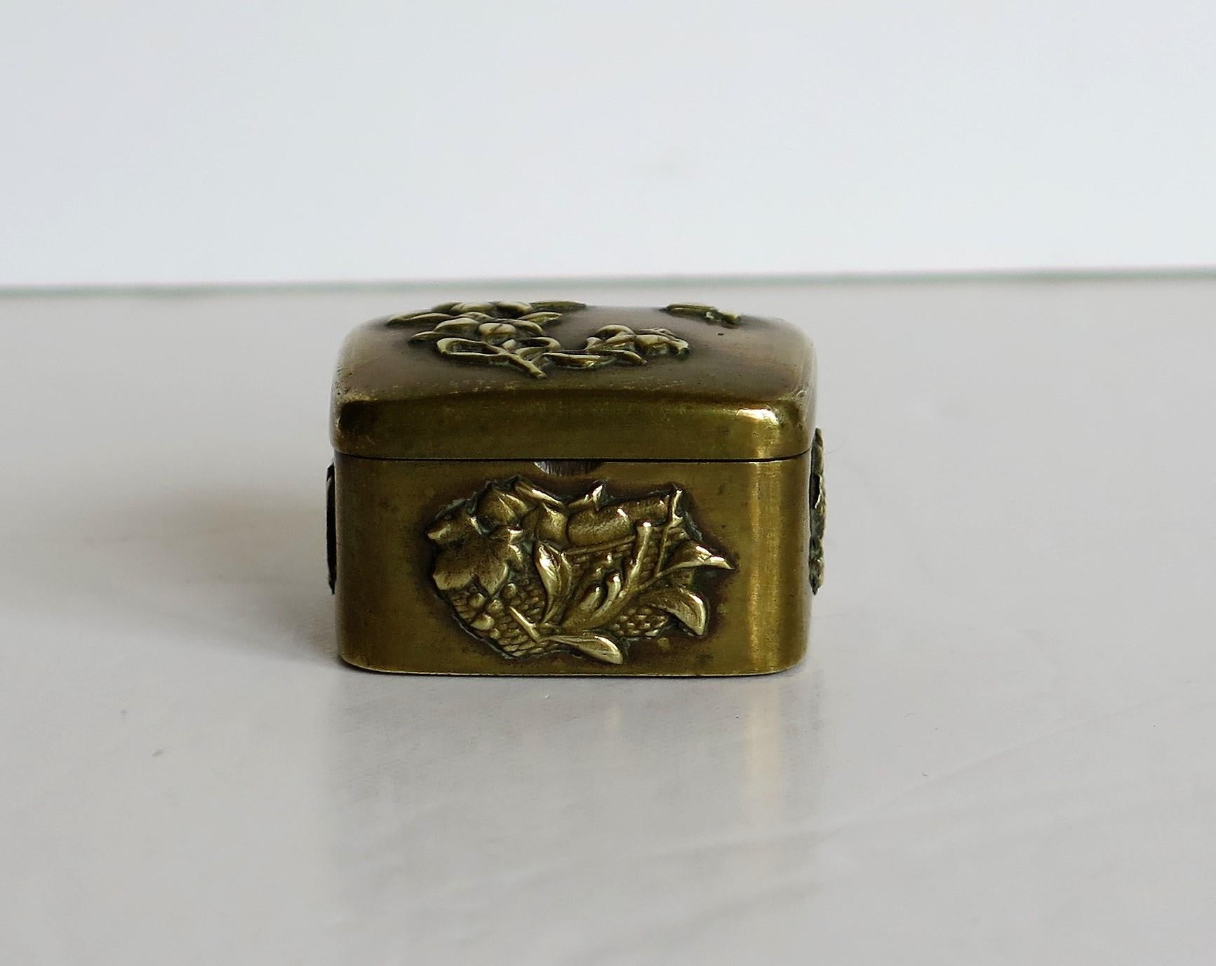 Small Japanese bronze and brass embossed Box with hinged lid 19th C Meiji Period 1