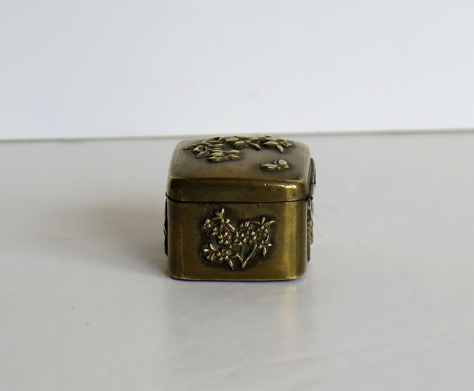 Hand-Crafted Small Japanese bronze and brass embossed Box with hinged lid 19th C Meiji Period