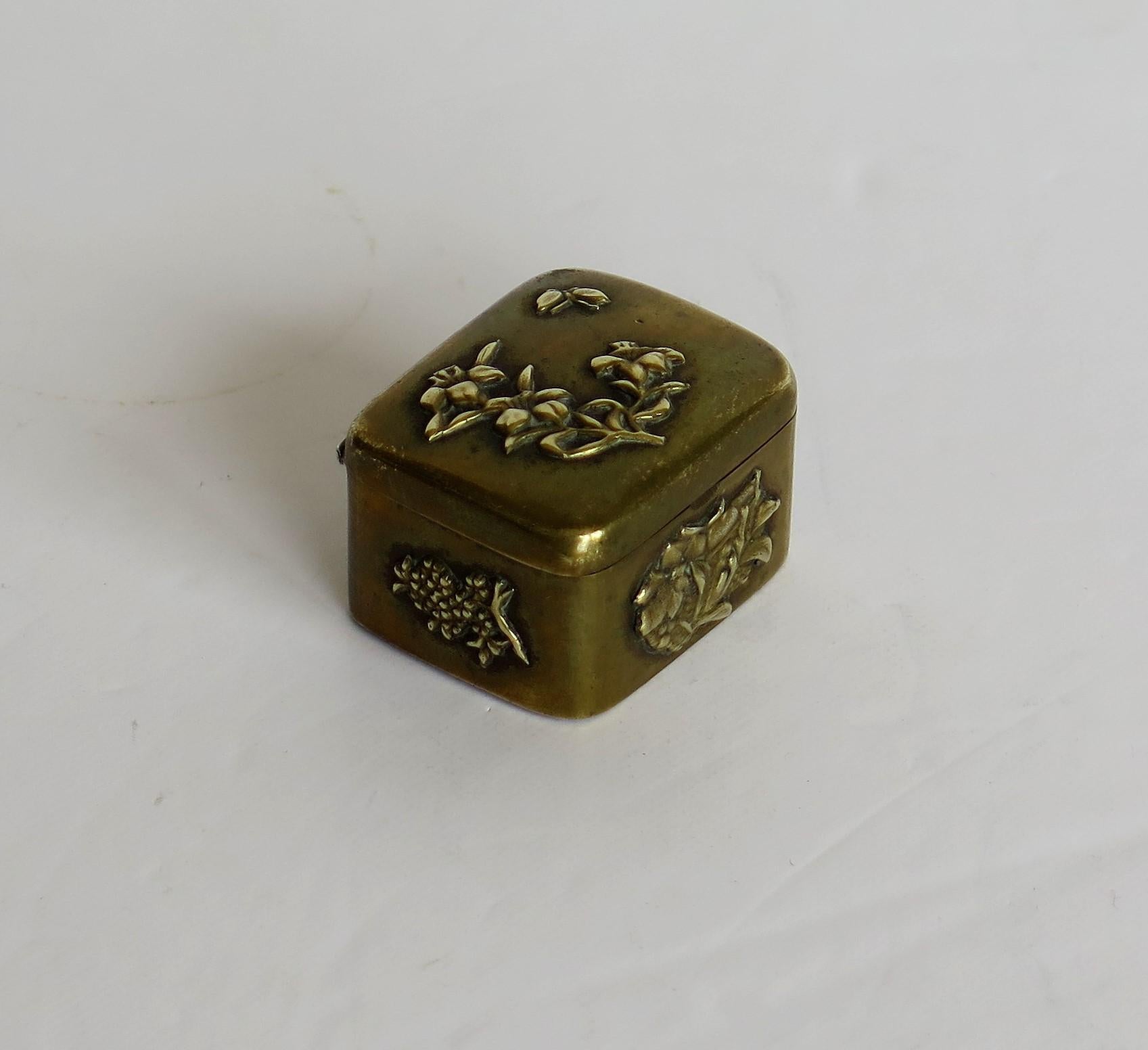 19th Century Small Japanese bronze and brass embossed Box with hinged lid 19th C Meiji Period