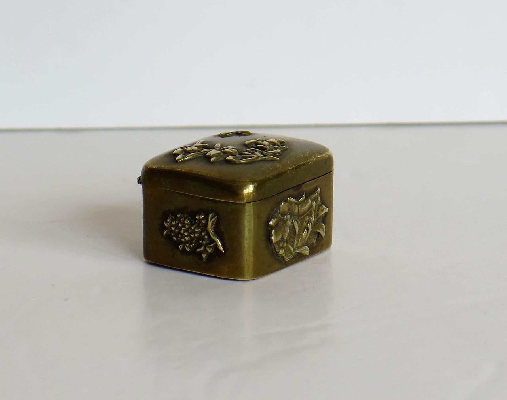 Brass Small Japanese bronze and brass embossed Box with hinged lid 19th C Meiji Period