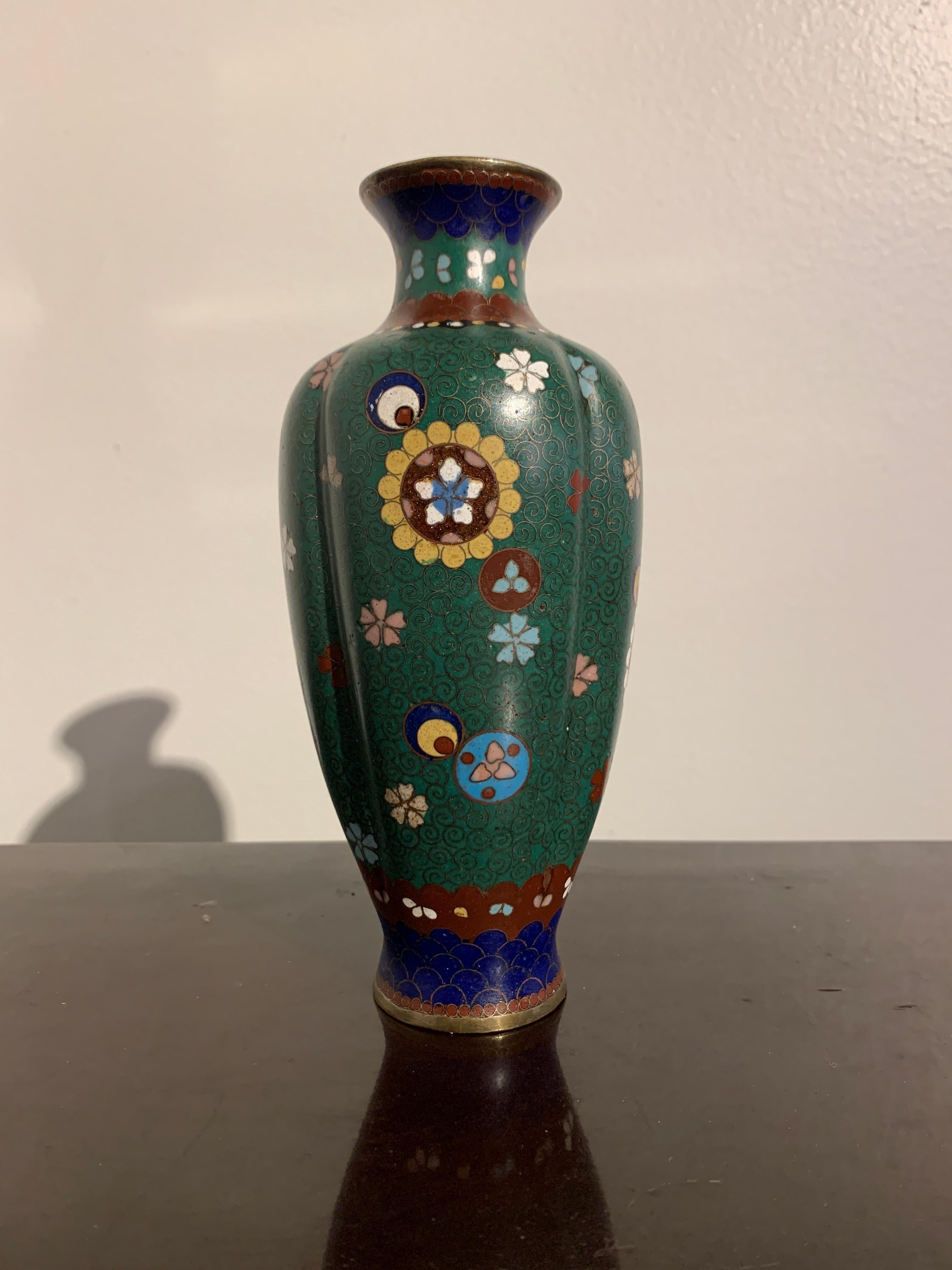 Enameled Small Japanese Meiji Period Green Ground Cloisonné Lobed Vase