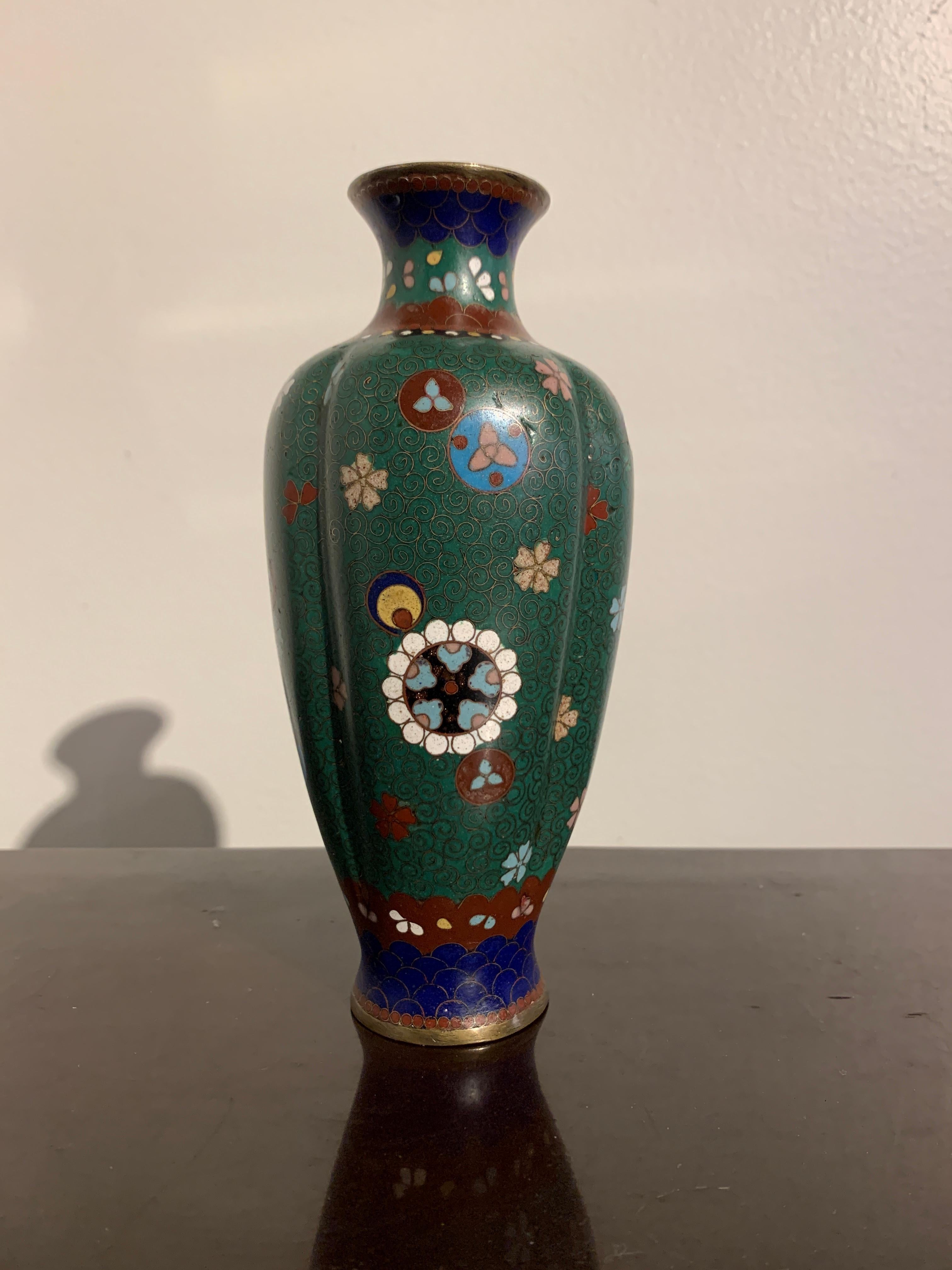 Small Japanese Meiji Period Green Ground Cloisonné Lobed Vase In Good Condition In Austin, TX