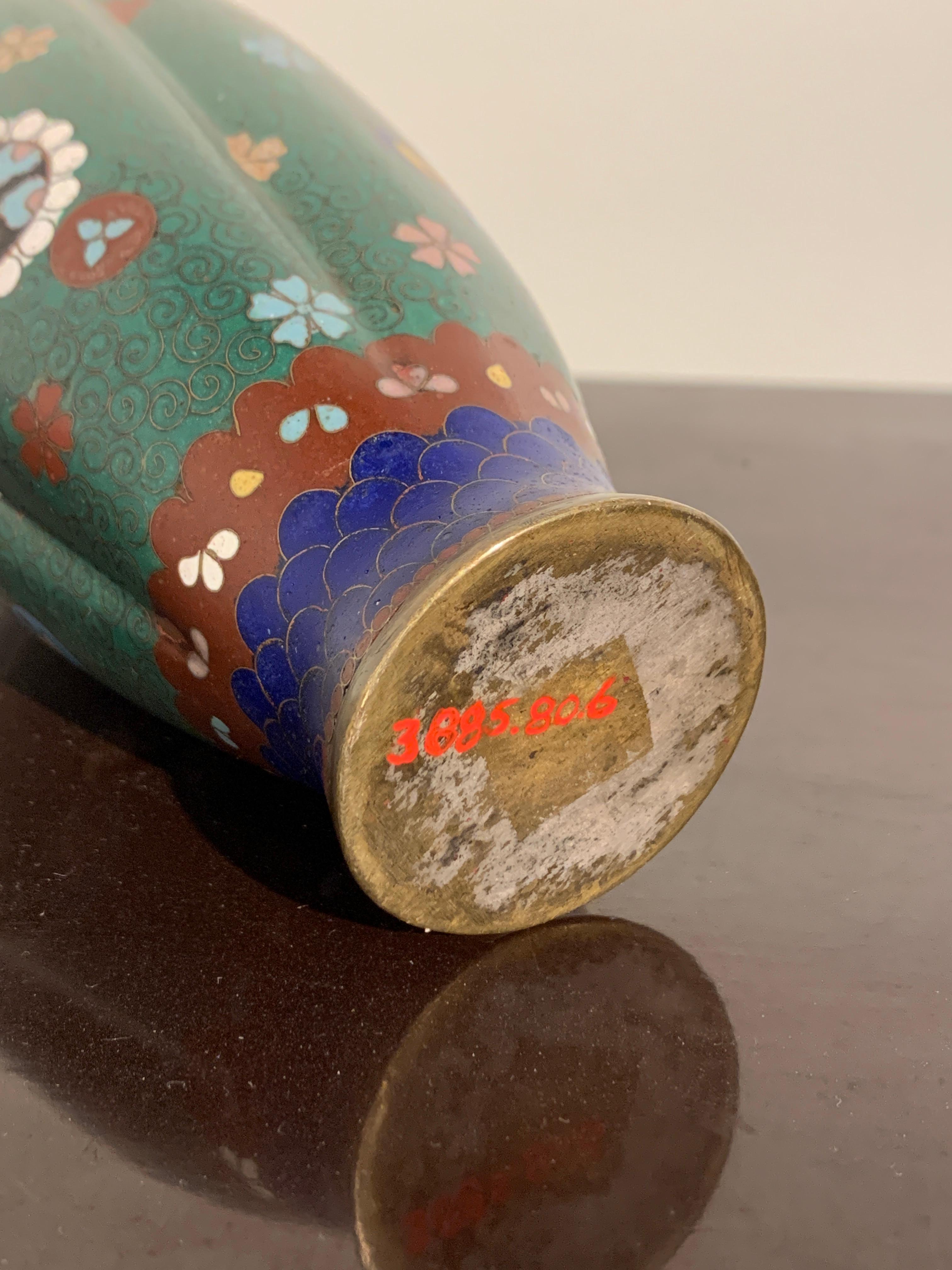 19th Century Small Japanese Meiji Period Green Ground Cloisonné Lobed Vase