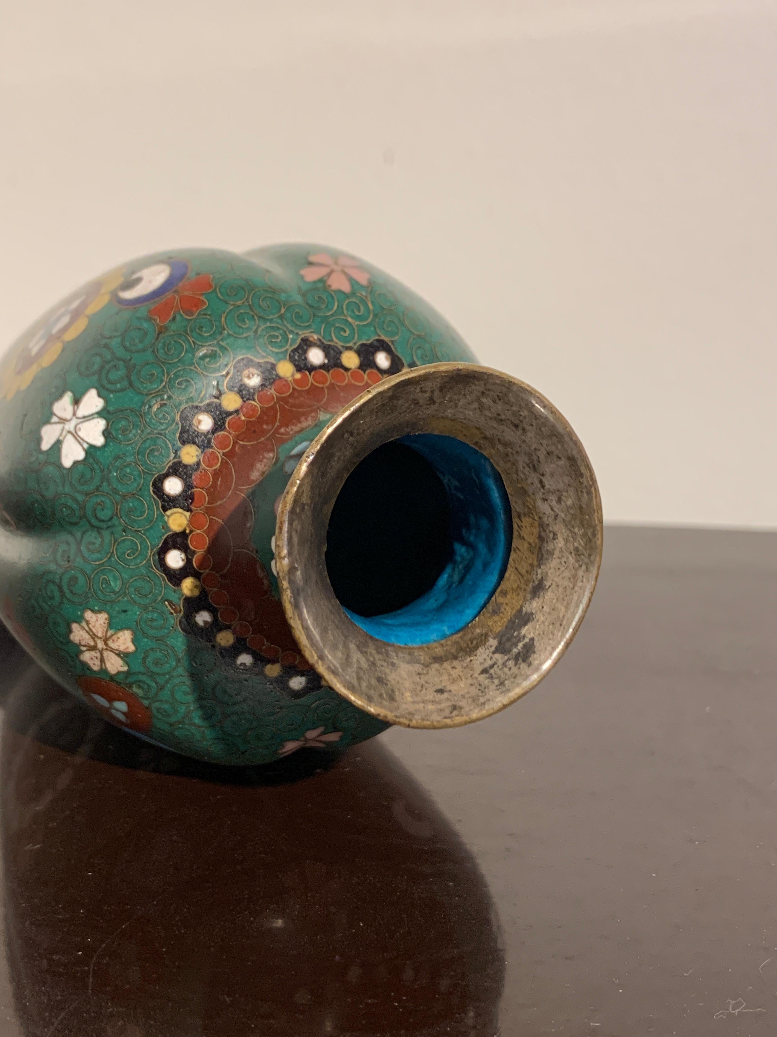 Copper Small Japanese Meiji Period Green Ground Cloisonné Lobed Vase