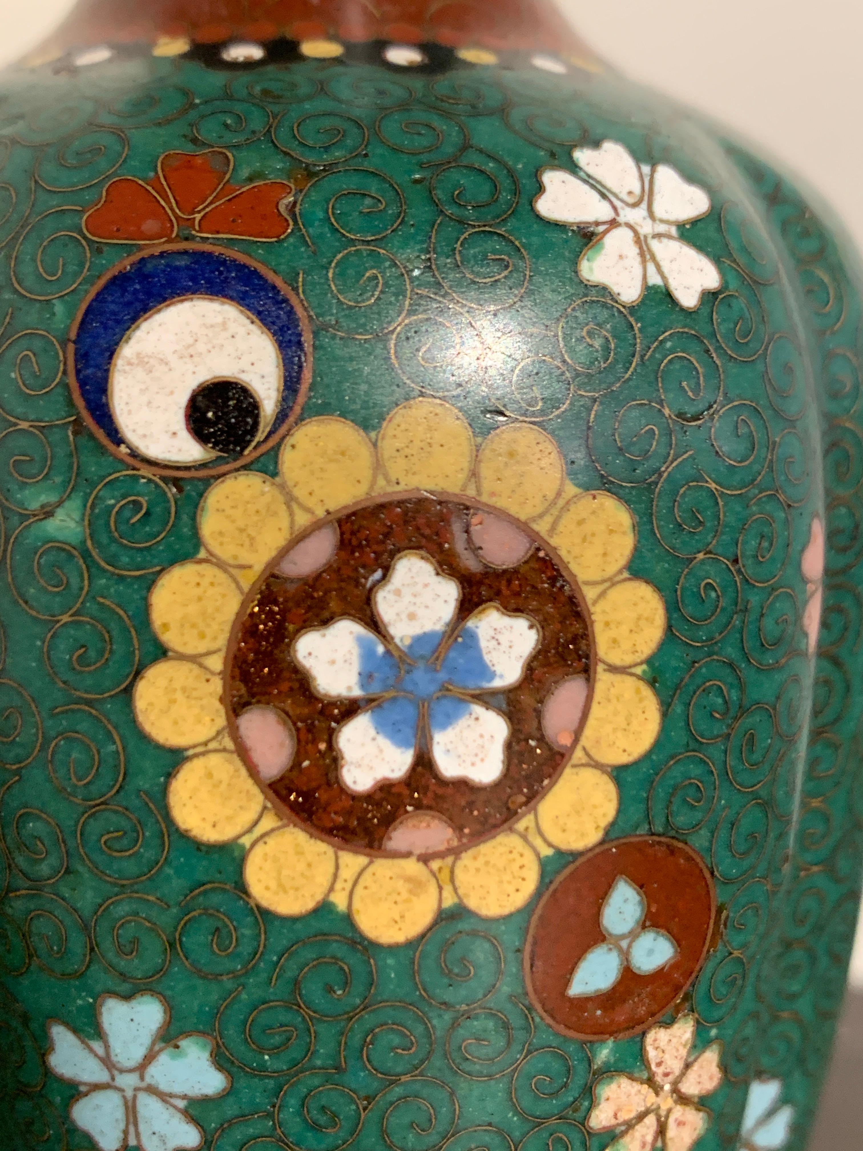 Small Japanese Meiji Period Green Ground Cloisonné Lobed Vase 1