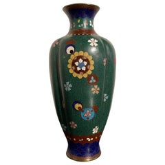 Small Japanese Meiji Period Green Ground Cloisonné Lobed Vase