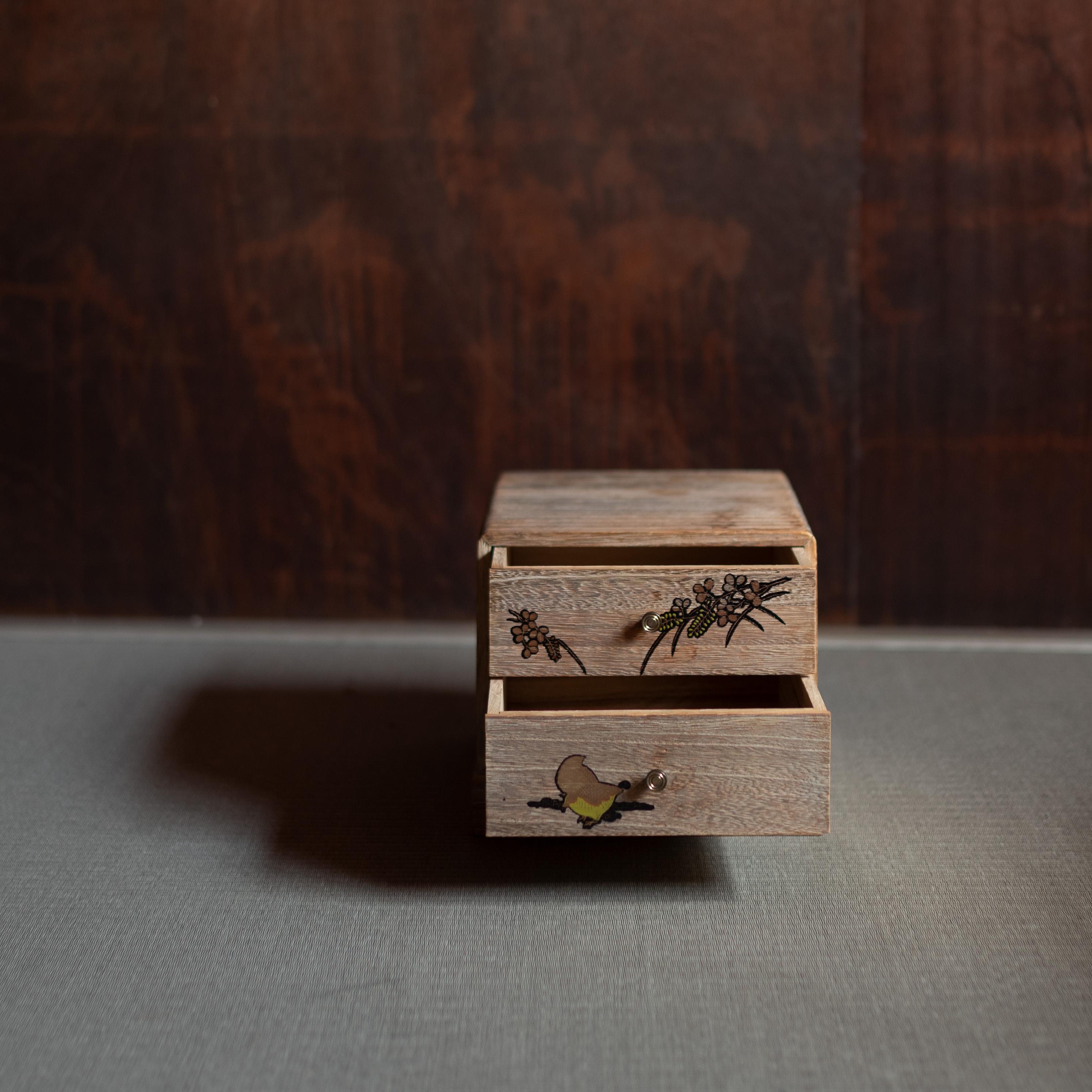 Small Japanese Wooden Box with Drawers and Floral Design, Japan, 20th Century For Sale 1
