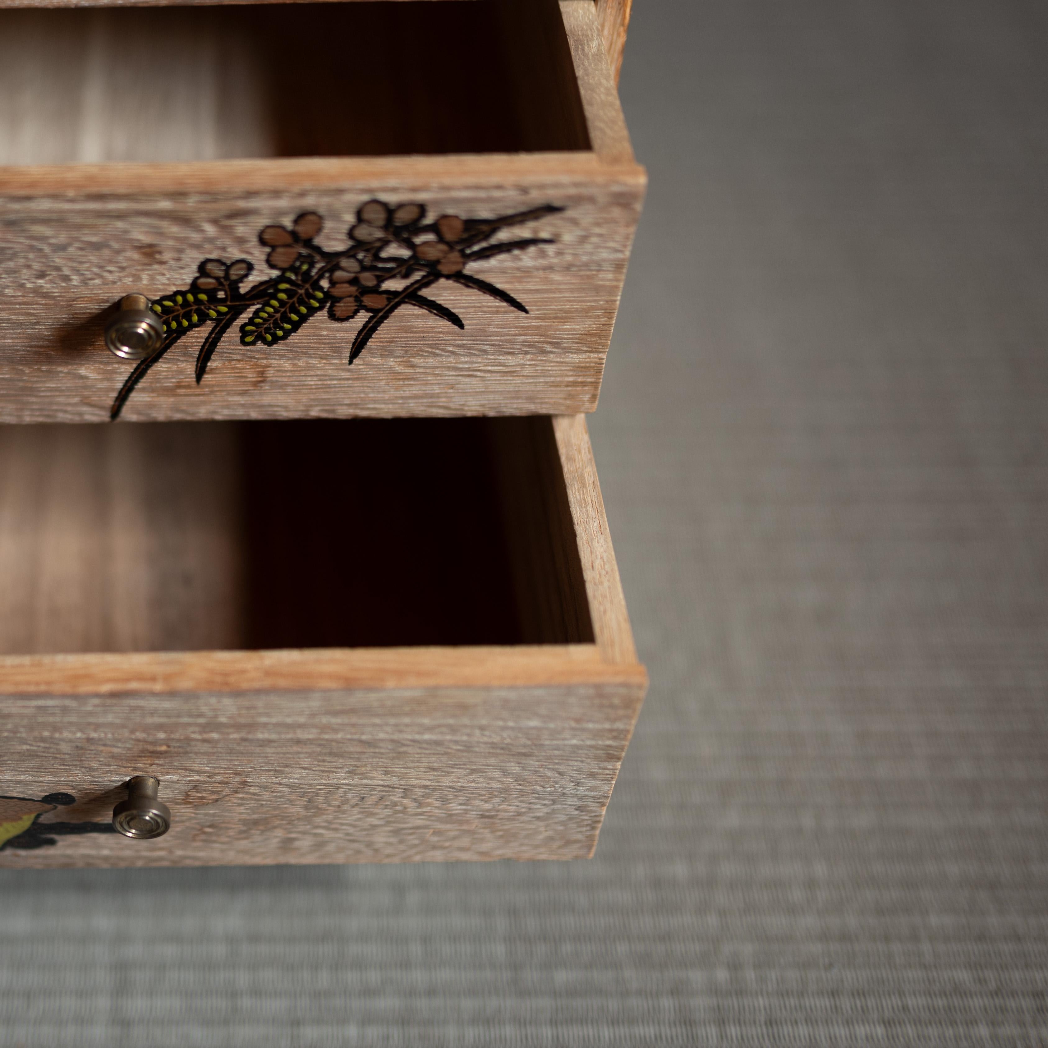 Small Japanese Wooden Box with Drawers and Floral Design, Japan, 20th Century For Sale 2