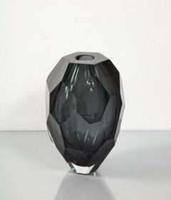 Small Murano Dark Gray Glass Gem Cut Vase