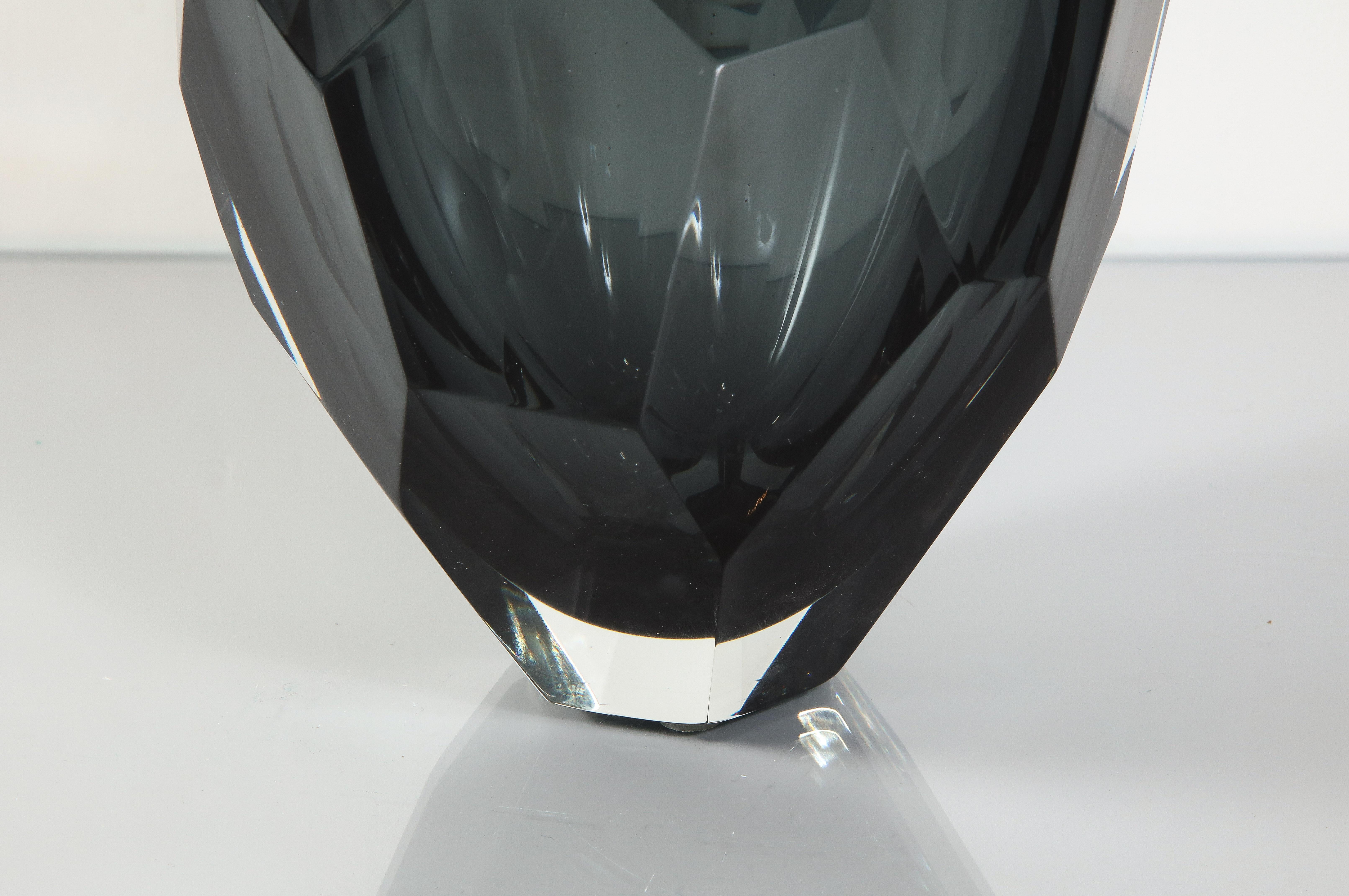 Modern Small Murano Dark Gray Glass Gem Cut Vase For Sale