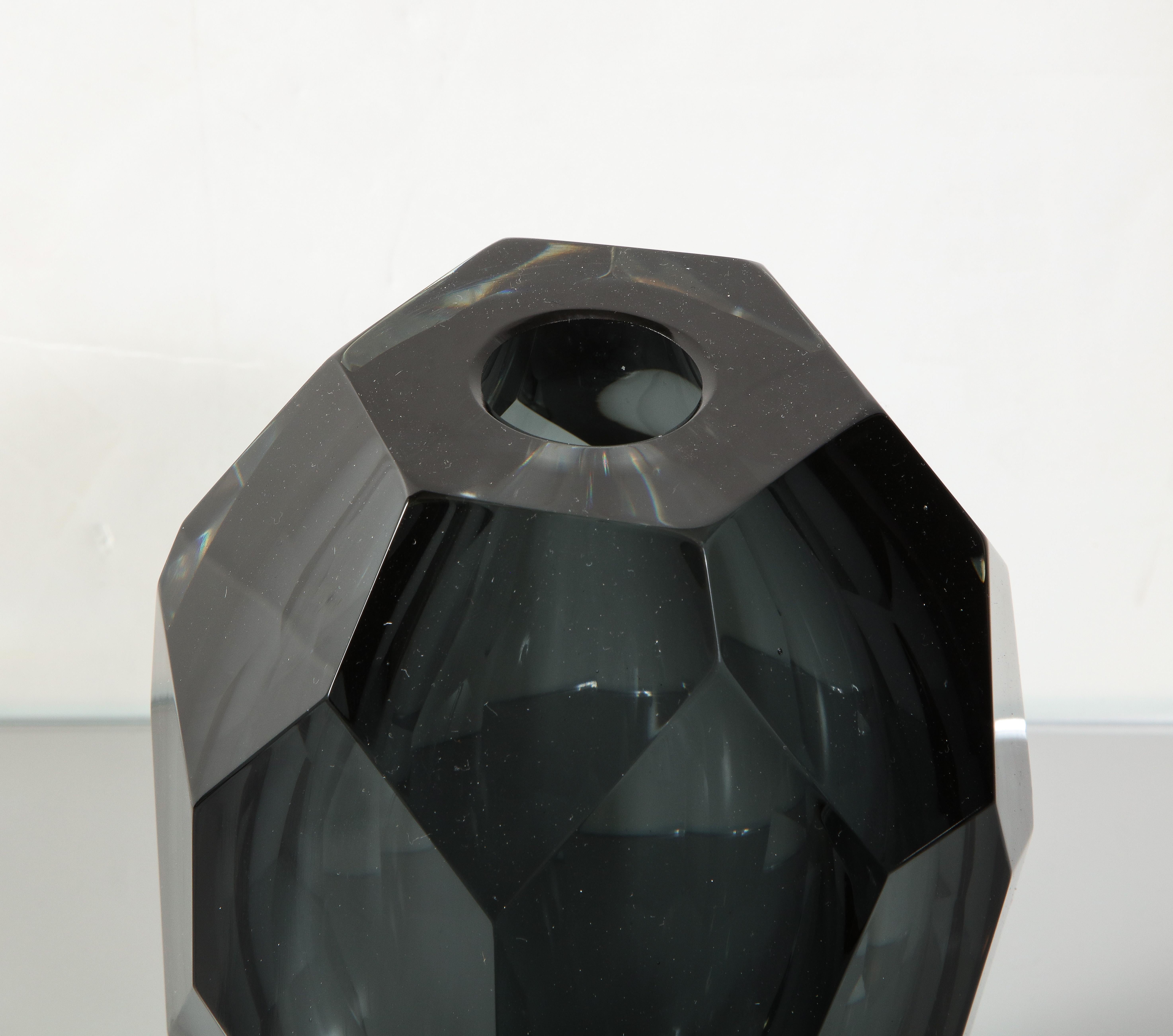 Italian Small Murano Dark Gray Glass Gem Cut Vase For Sale