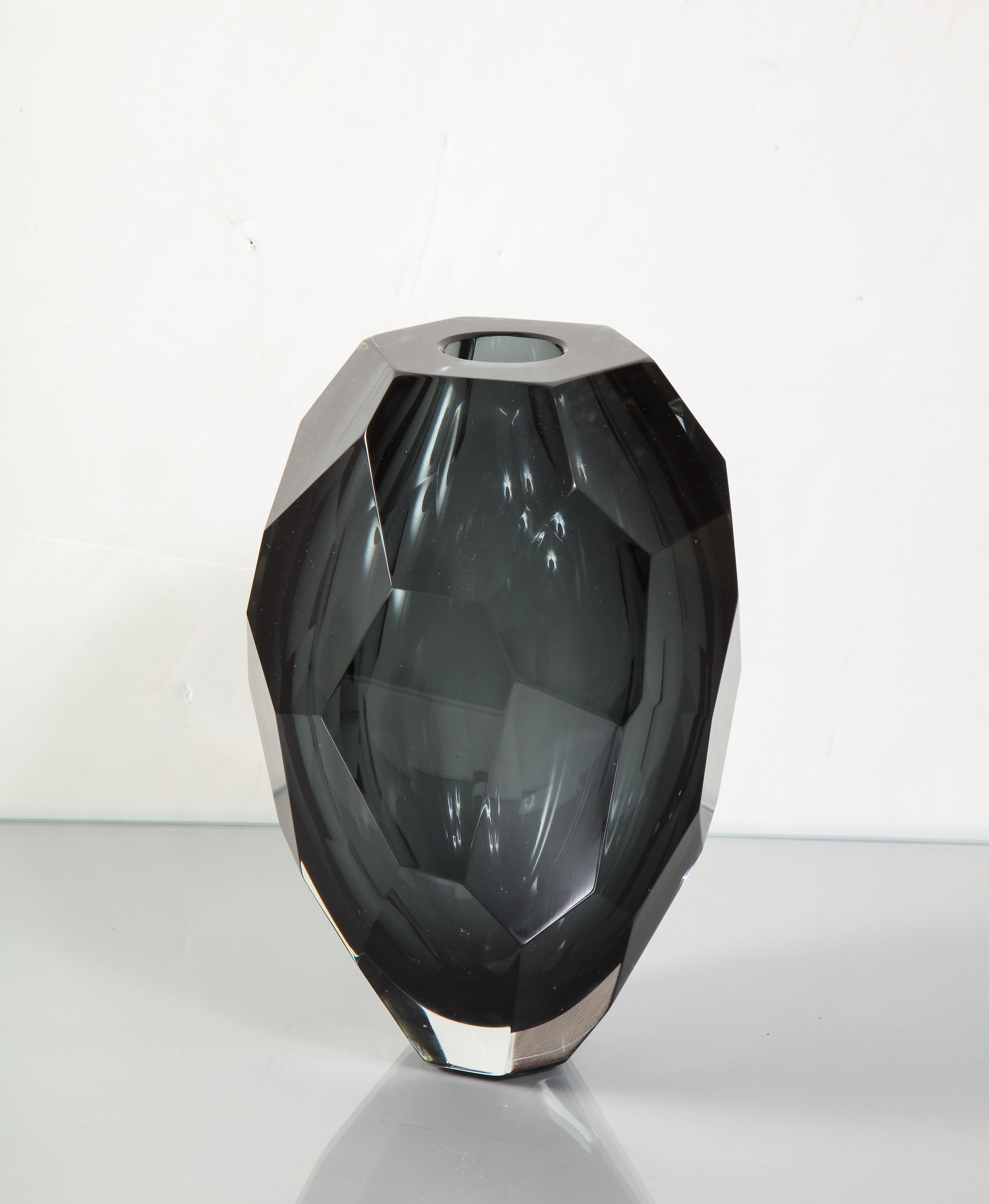 Small Murano Dark Gray Glass Gem Cut Vase In New Condition For Sale In New York, NY