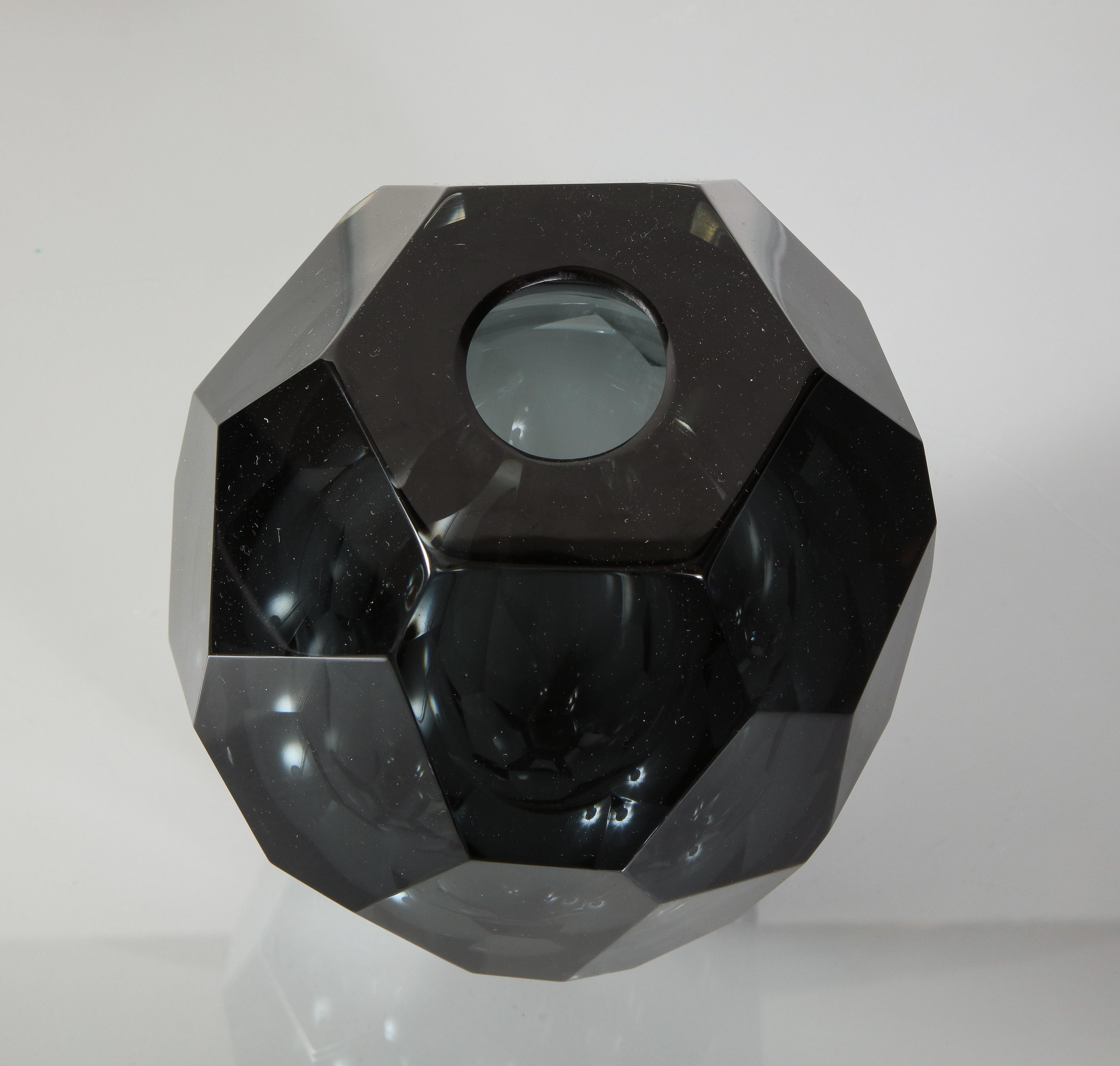 Contemporary Small Murano Dark Gray Glass Gem Cut Vase For Sale