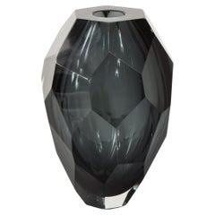 Small Jewel Shaped Dark Grey Faceted Murano Glass Vase