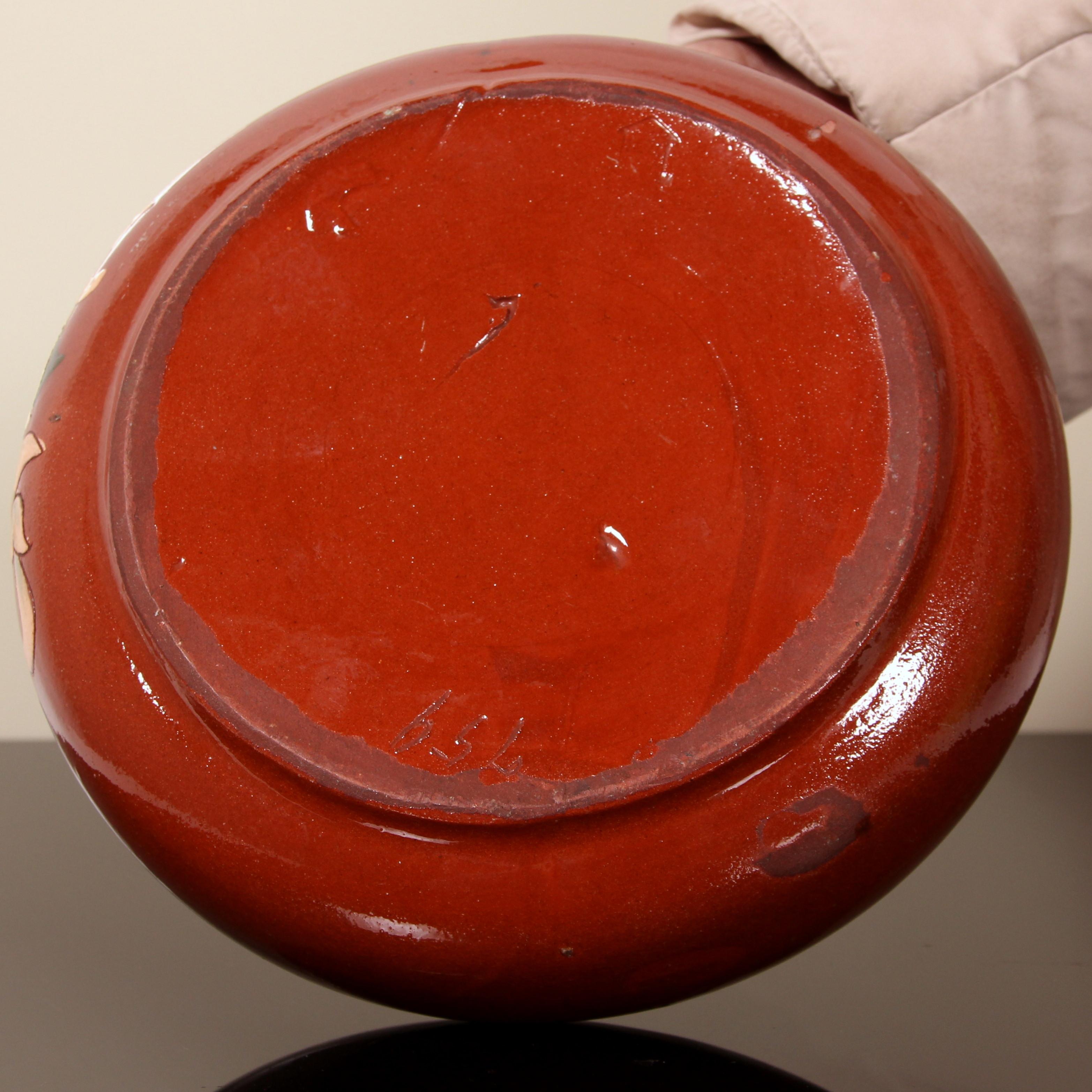 Stoneware small Jugendstil Austrian Art Nouveau bowl ar. 1910 lion crest red clay signed For Sale