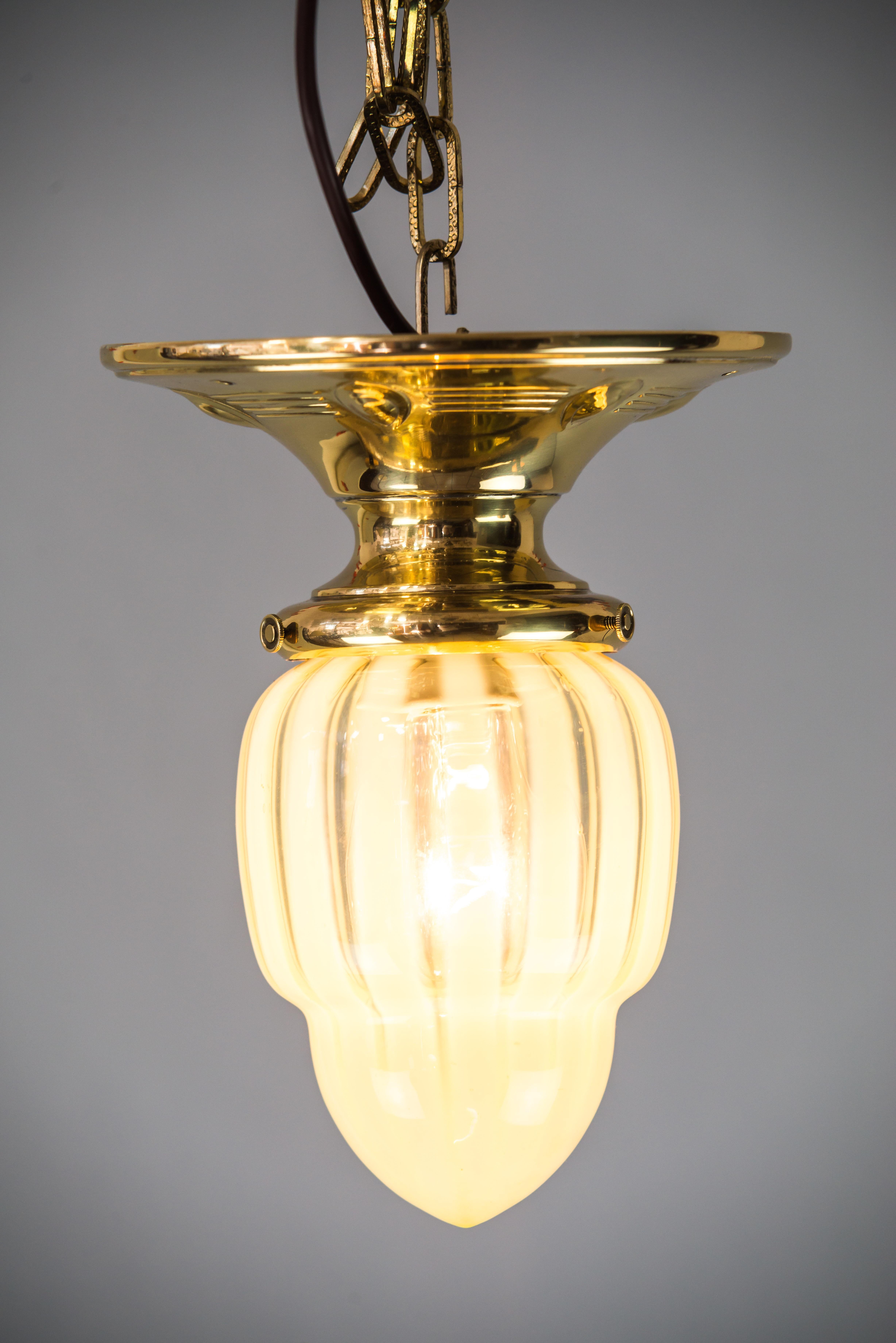 Austrian Small Jugendstil Ceiling Lamp with Original Yellow/Green Opaline Glass For Sale