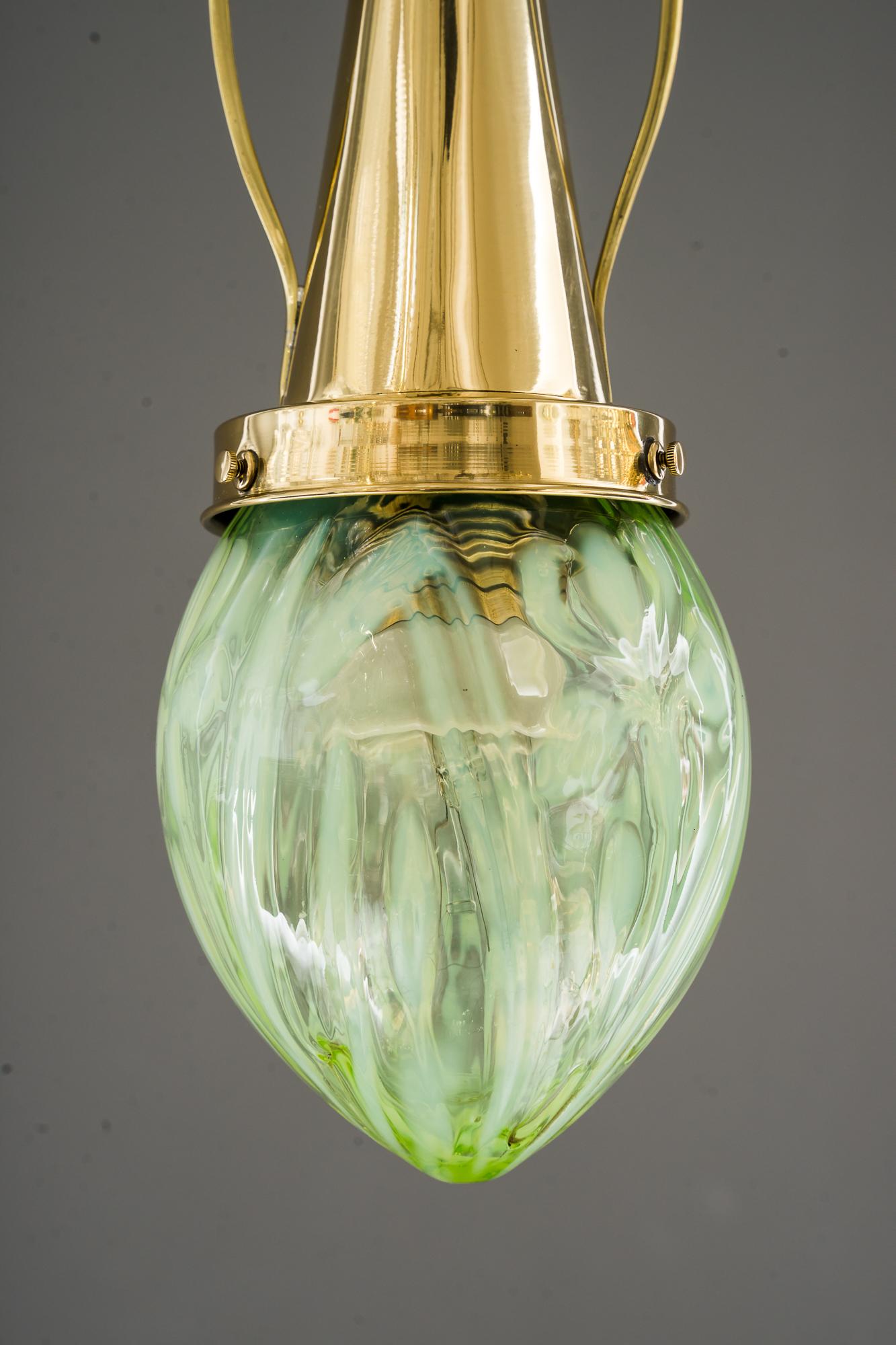 Small jugendstil pendant Vienna around 1910
Brass polished and stove enamelled
Original opaline glass shade
Wood on top painted.