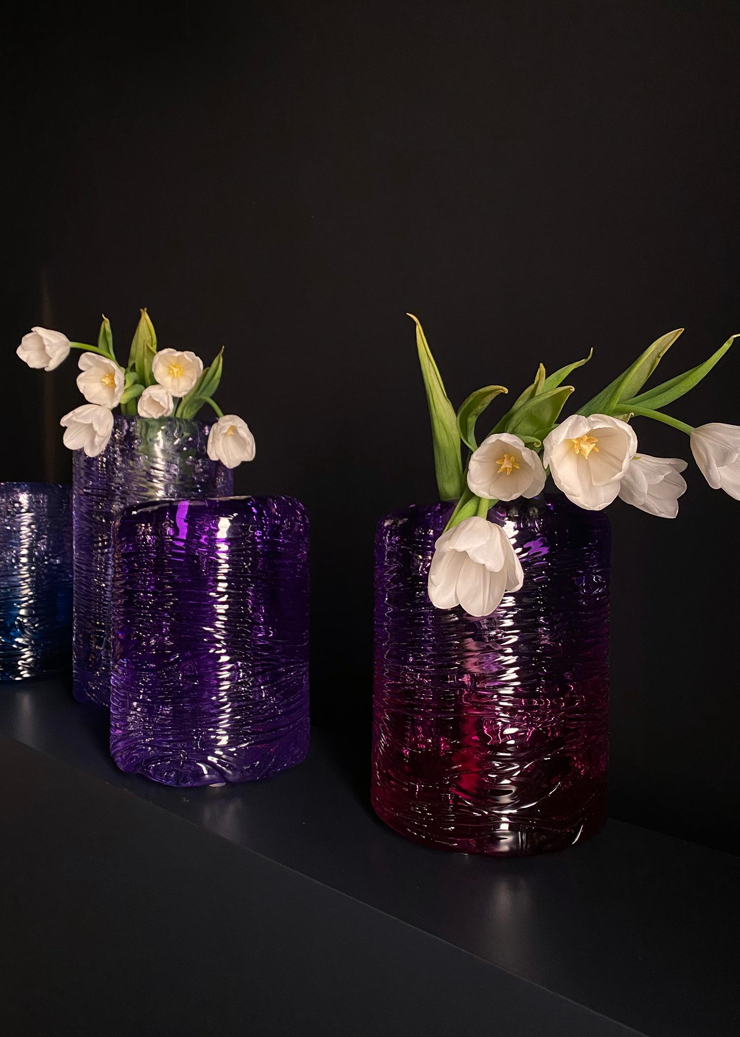 Pink-violet methacrylate vase with air bubble inclusions throughout. Custom color combinations available.