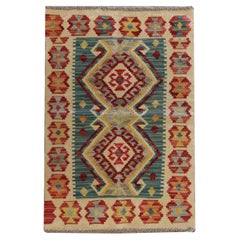 Small Kilim Rug Blue Geometric Kilim Traditional Flat Carpet Wool Area Rug