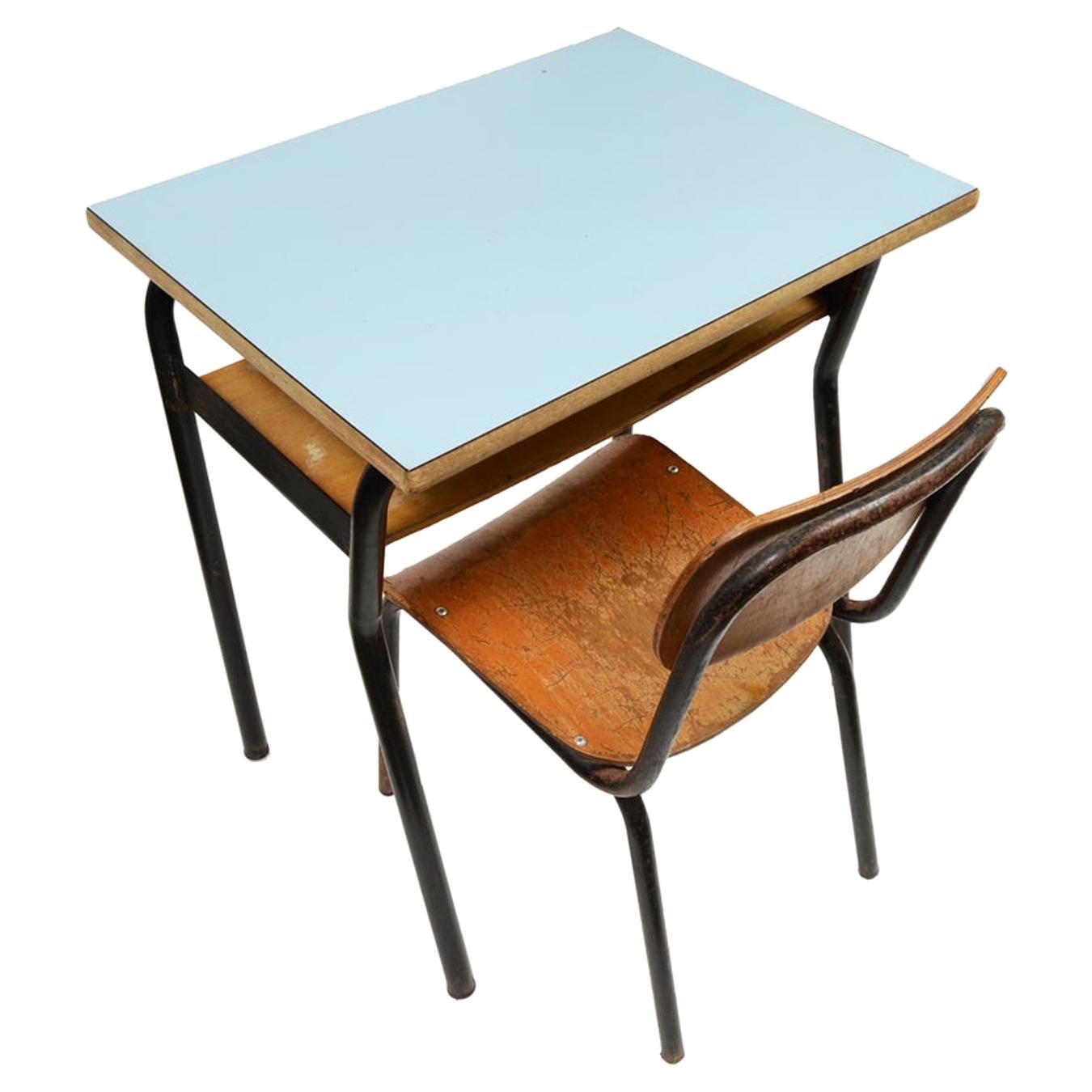 1950s Italy Small Desk and Chair Original Kindergarten  made Formica and Metal