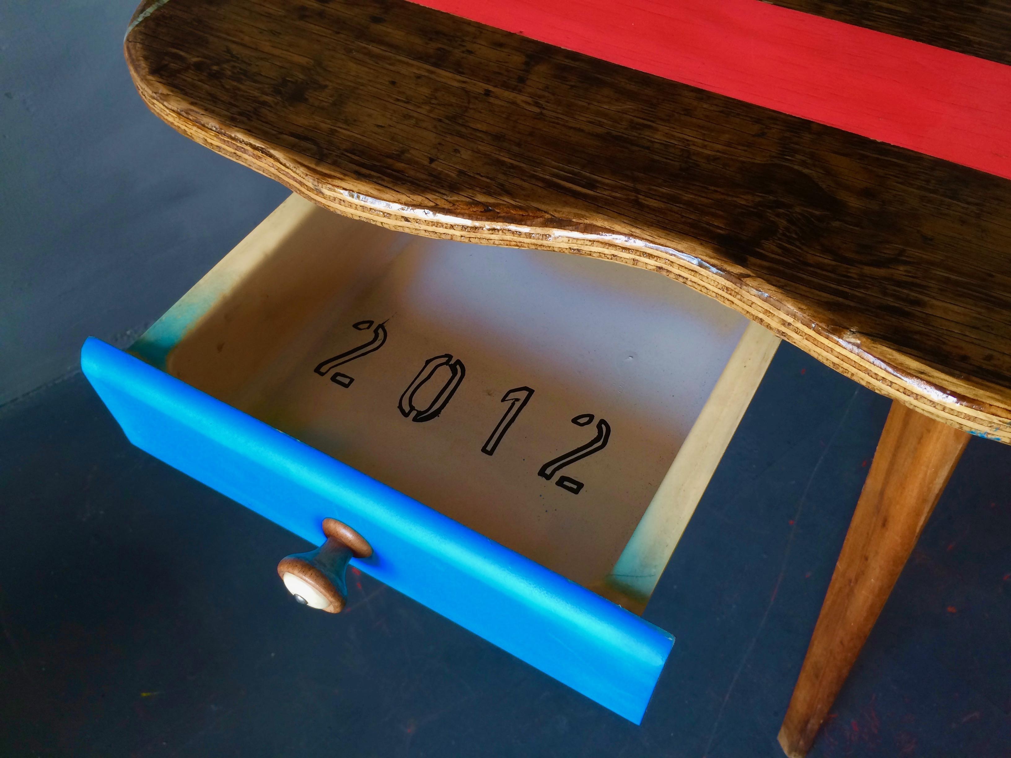 1950s kitchen table frame with drawer, tabletop used plywood, painted and multi lacquered. In the style of Piet Hein Eek and Palla this unusual small table is perfect as a kitchen table for four chairs or as a work table for you and your