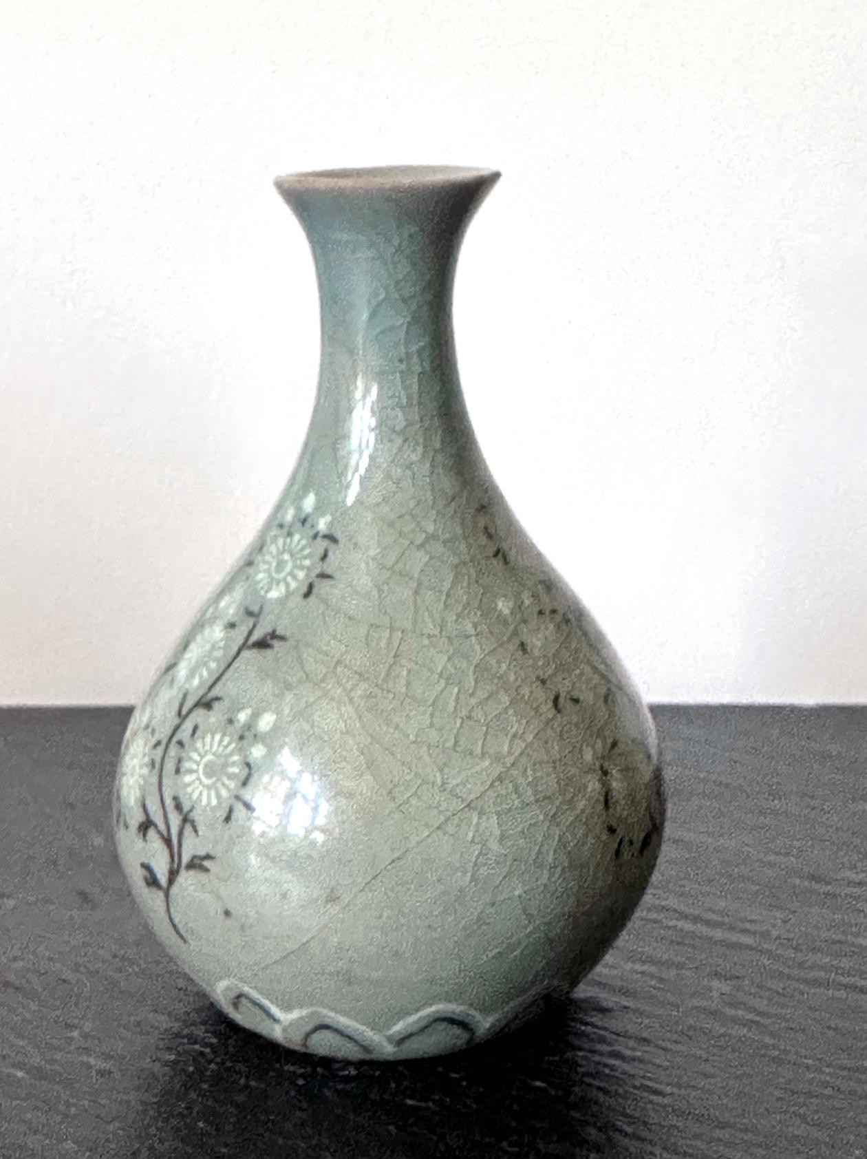 Archaistic Small Korean Celadon Ceramic Vase with Slip Inlay Goryeo Dynasty For Sale