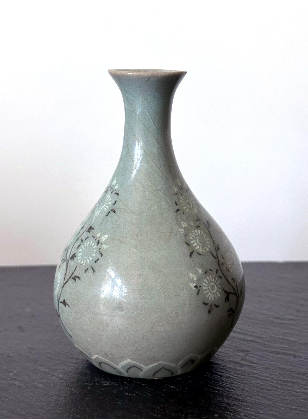 Small Korean Celadon Ceramic Vase with Slip Inlay Goryeo Dynasty In Good Condition For Sale In Atlanta, GA