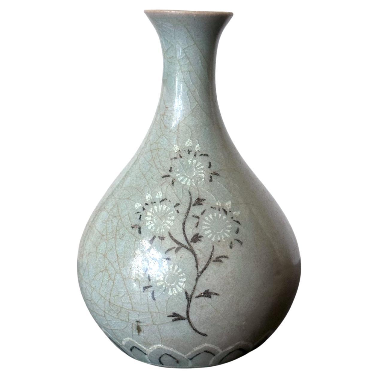 Small Korean Celadon Ceramic Vase with Slip Inlay Goryeo Dynasty
