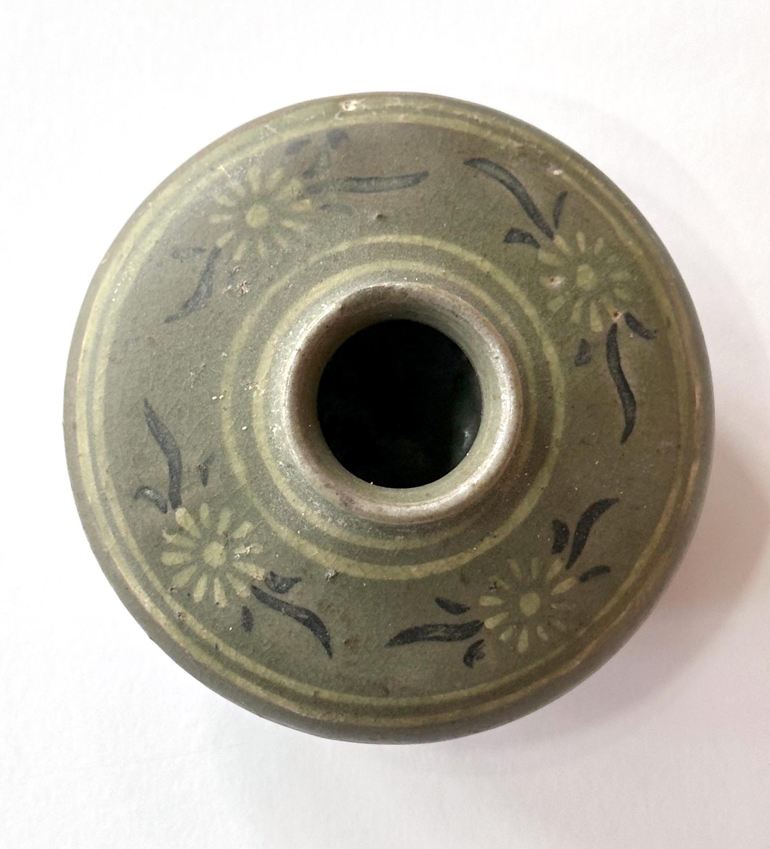18th Century and Earlier Small Korean Celadon Oil Jar with Slip Inlay Goryeo Dynasty For Sale