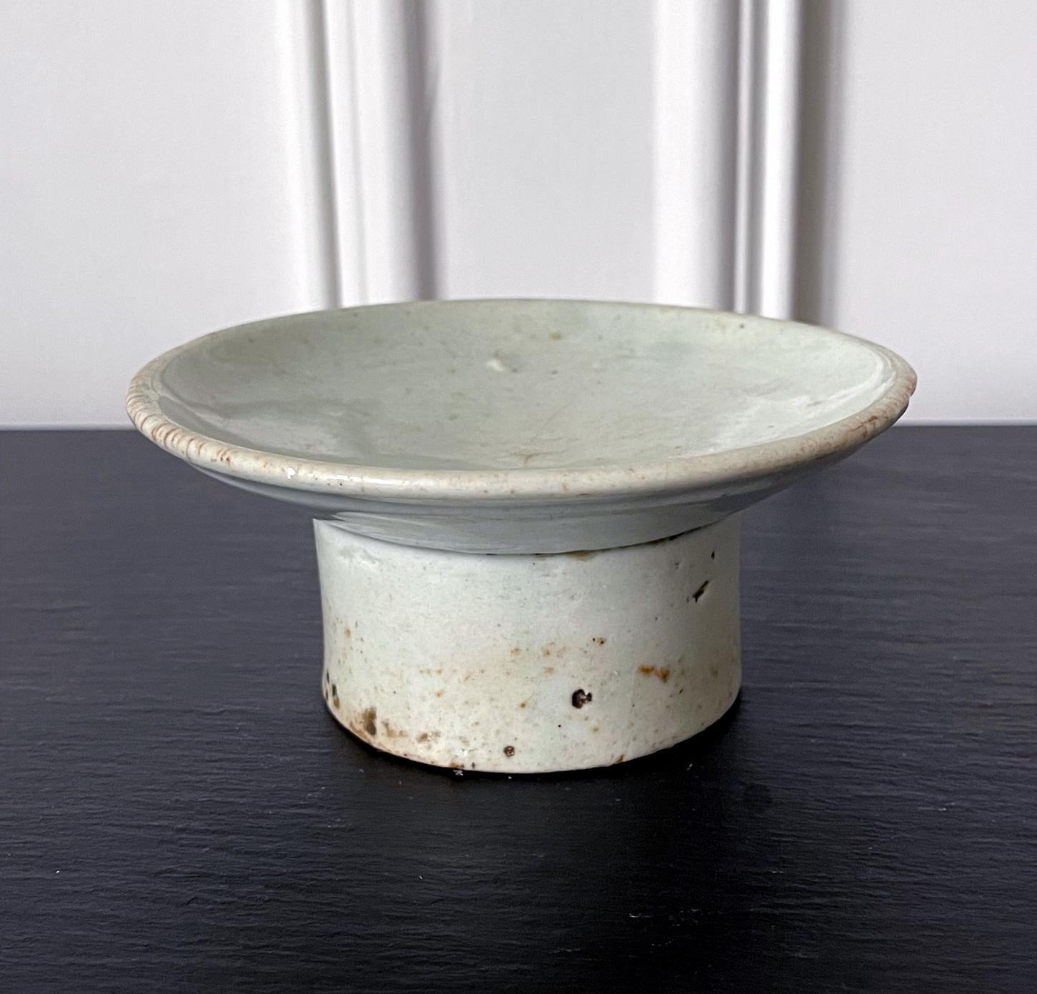 Glazed Small Korean White Ceramic Stem Dish Joseon Dynasty