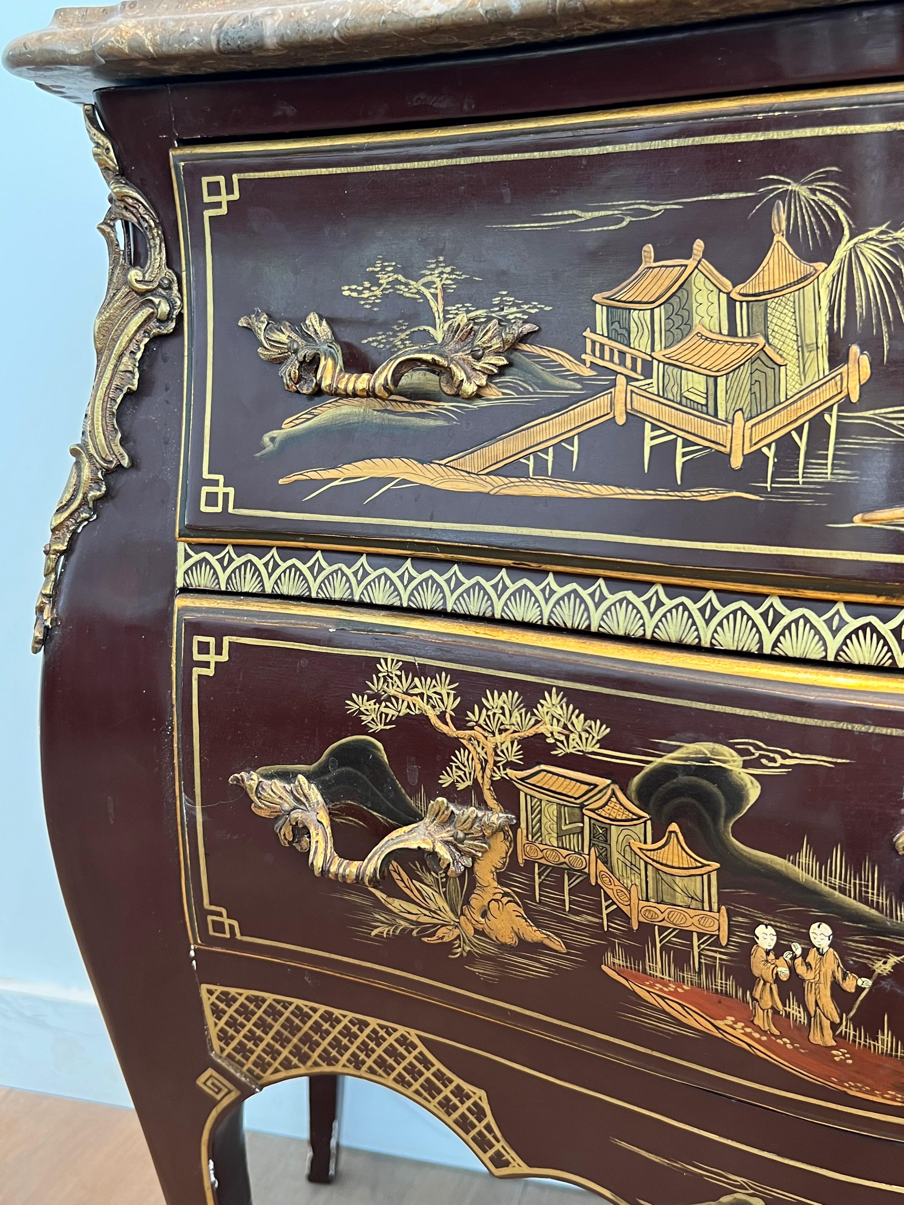 Small Lacquered Commode with Chinese Scenes in the style of Maison Jansen For Sale 5