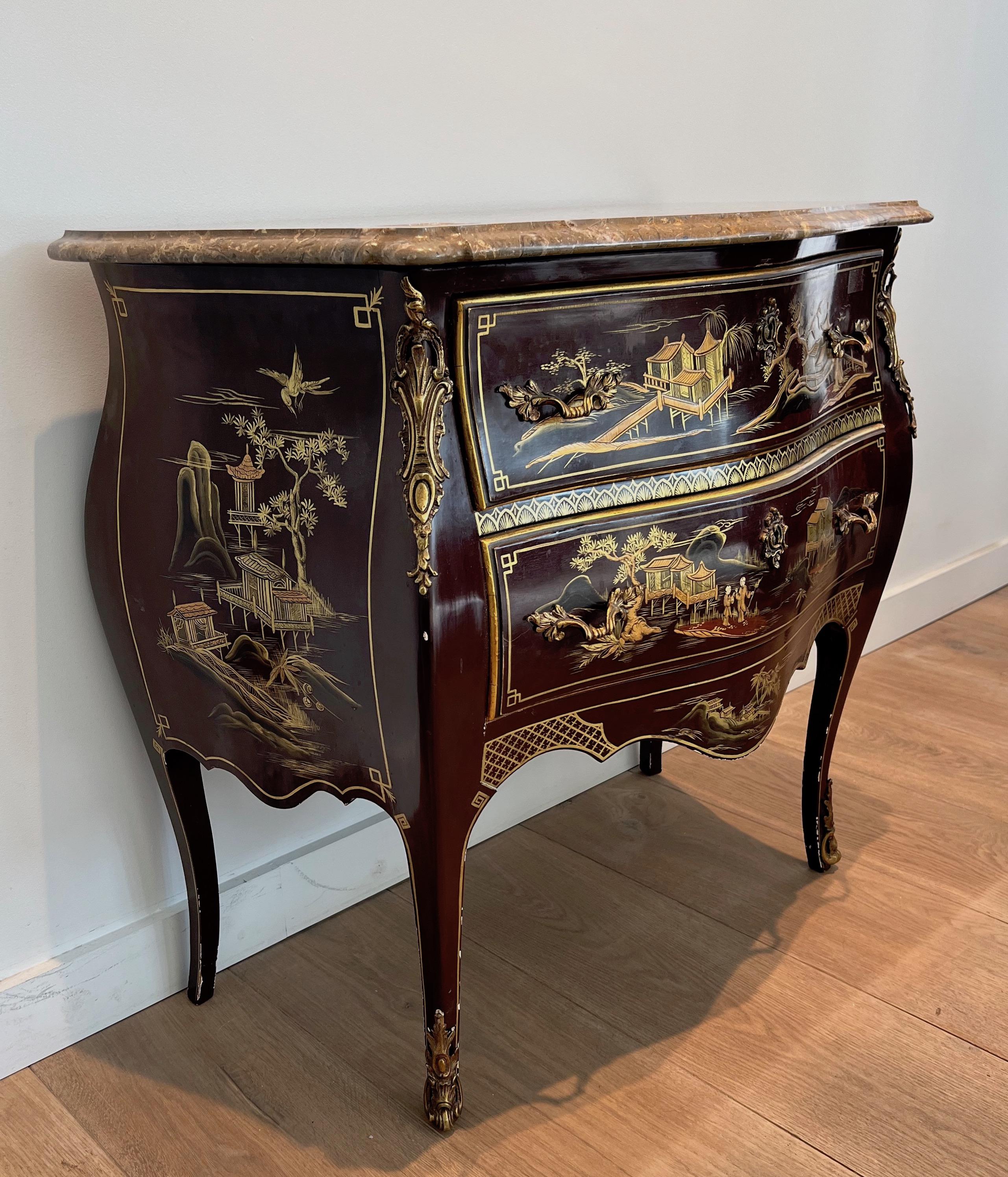 French Small Lacquered Commode with Chinese Scenes in the style of Maison Jansen For Sale