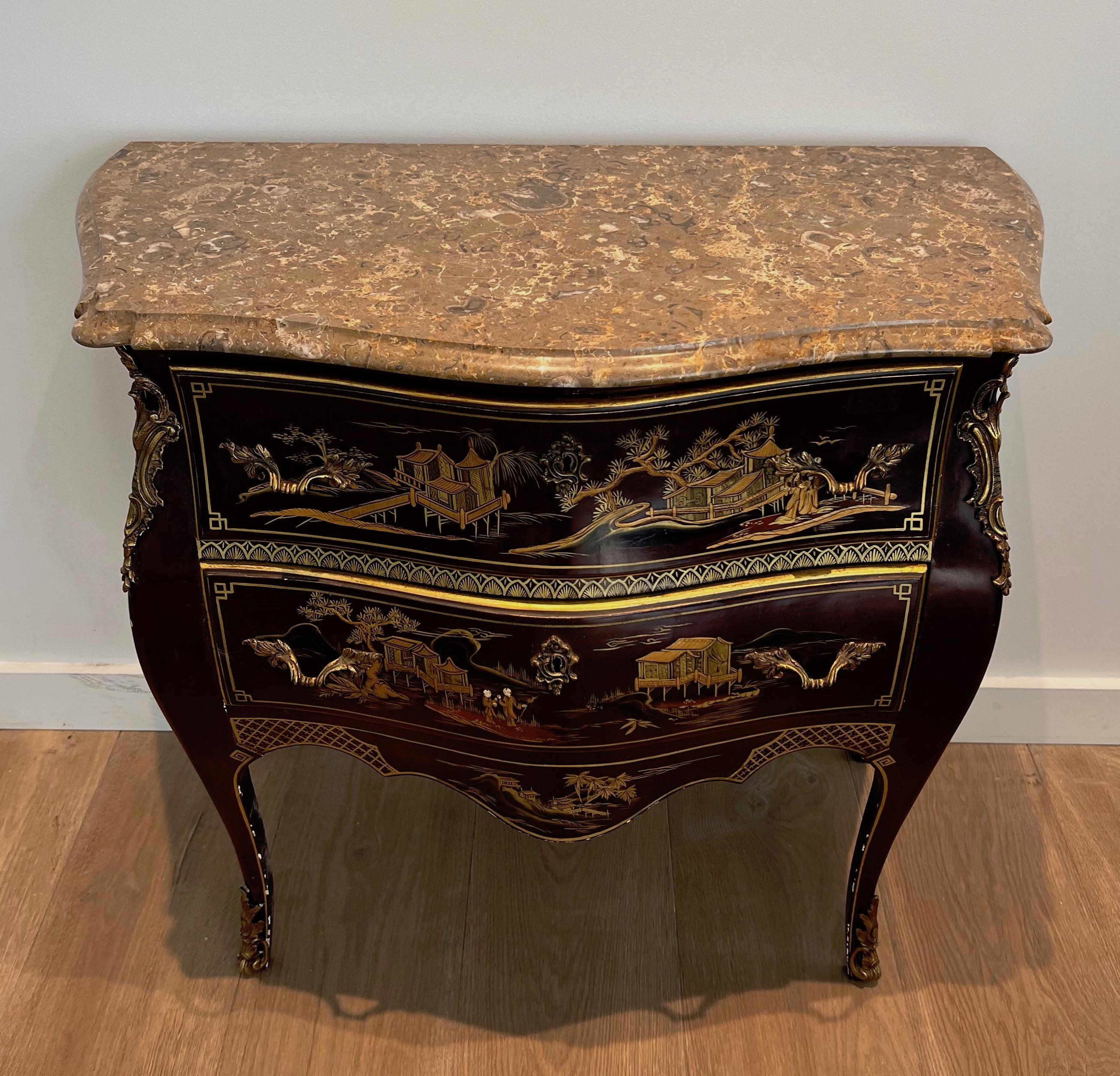 Gilt Small Lacquered Commode with Chinese Scenes in the style of Maison Jansen For Sale