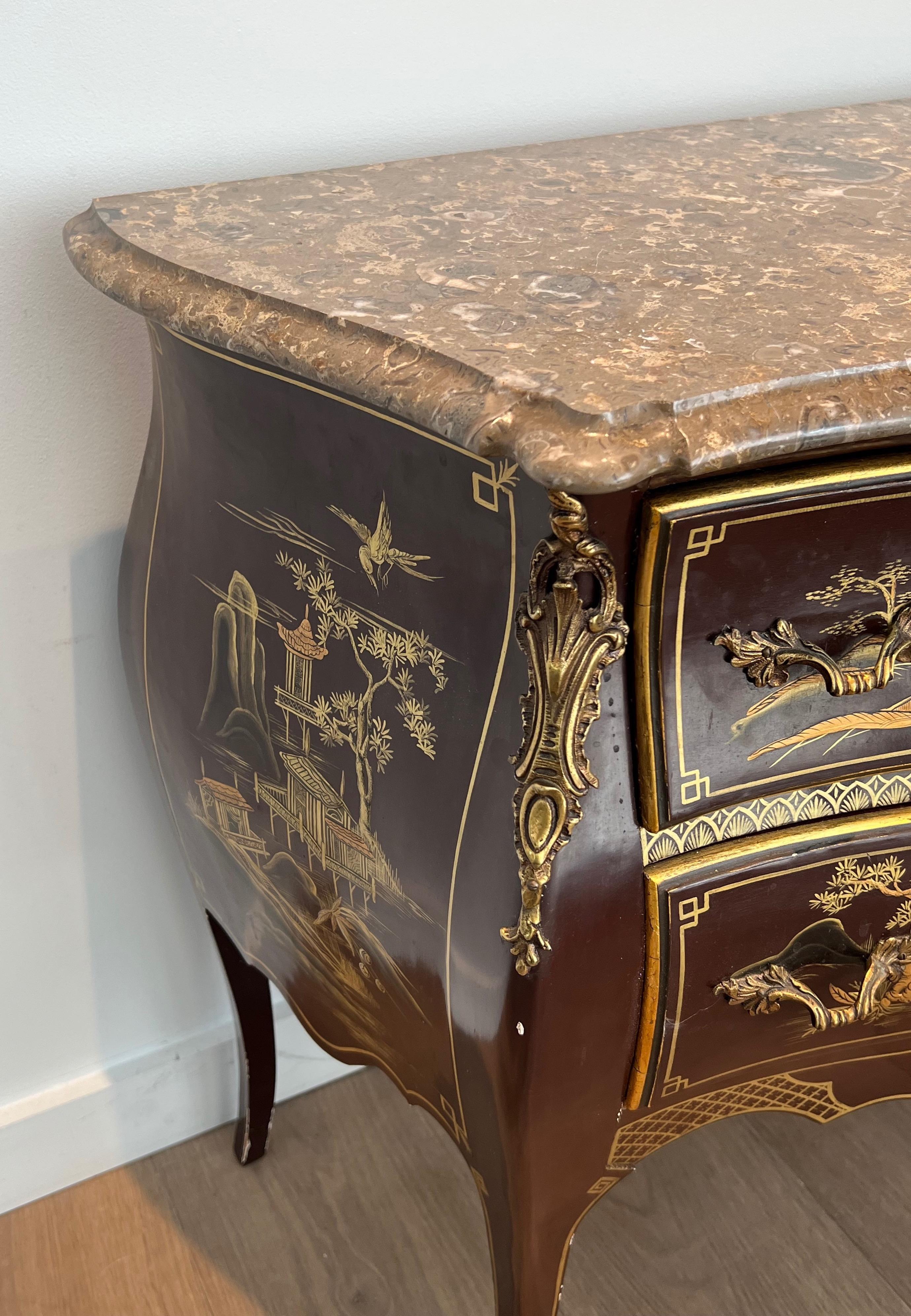 Mid-20th Century Small Lacquered Commode with Chinese Scenes in the style of Maison Jansen For Sale