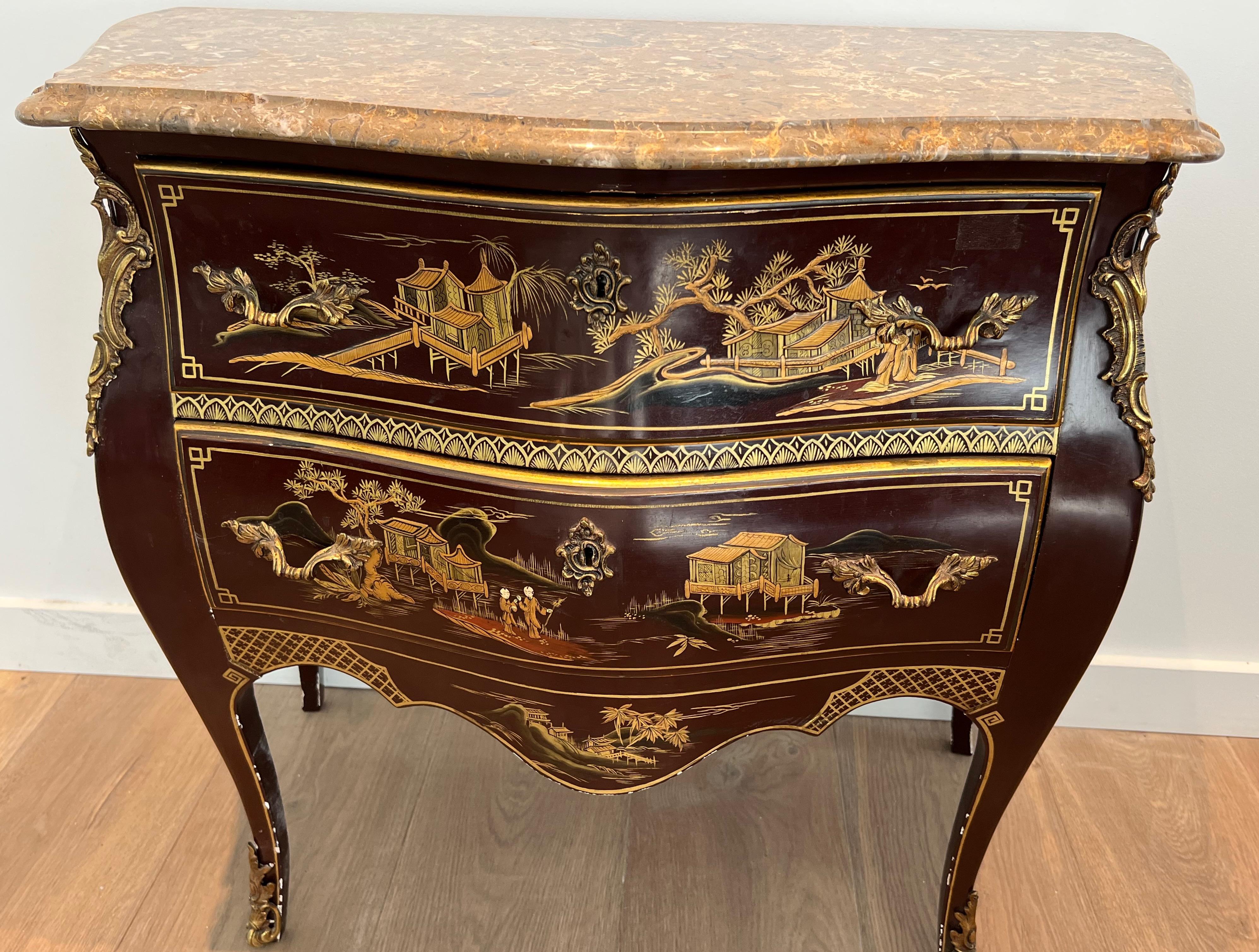 Wood Small Lacquered Commode with Chinese Scenes in the style of Maison Jansen For Sale